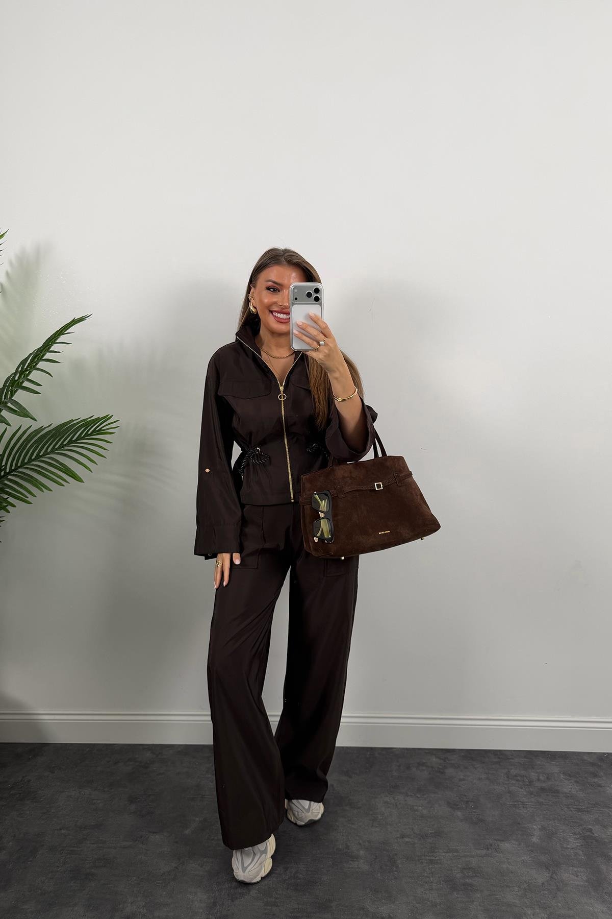 Lüx Kalite Gold Fermuarlı Parlak Kumaş Takım Acı Kahve