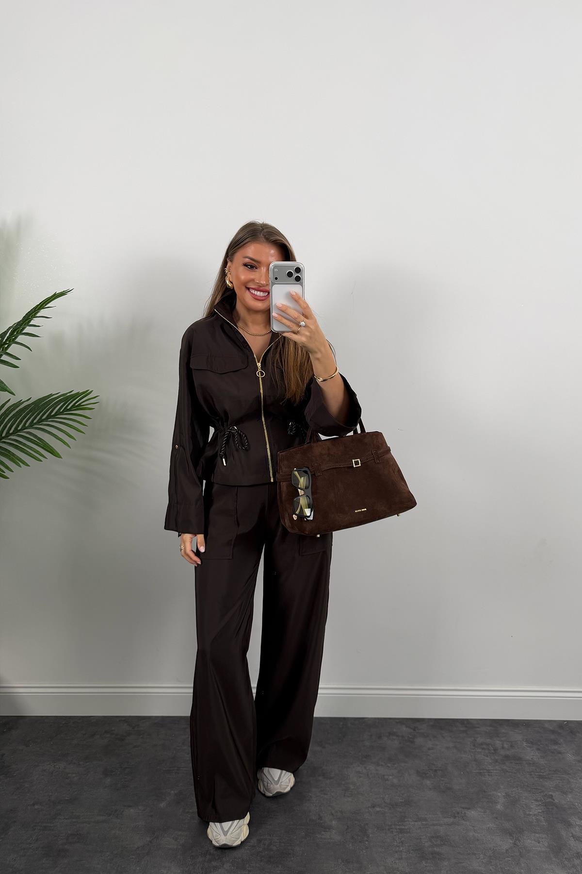 Lüx Kalite Gold Fermuarlı Parlak Kumaş Takım Acı Kahve