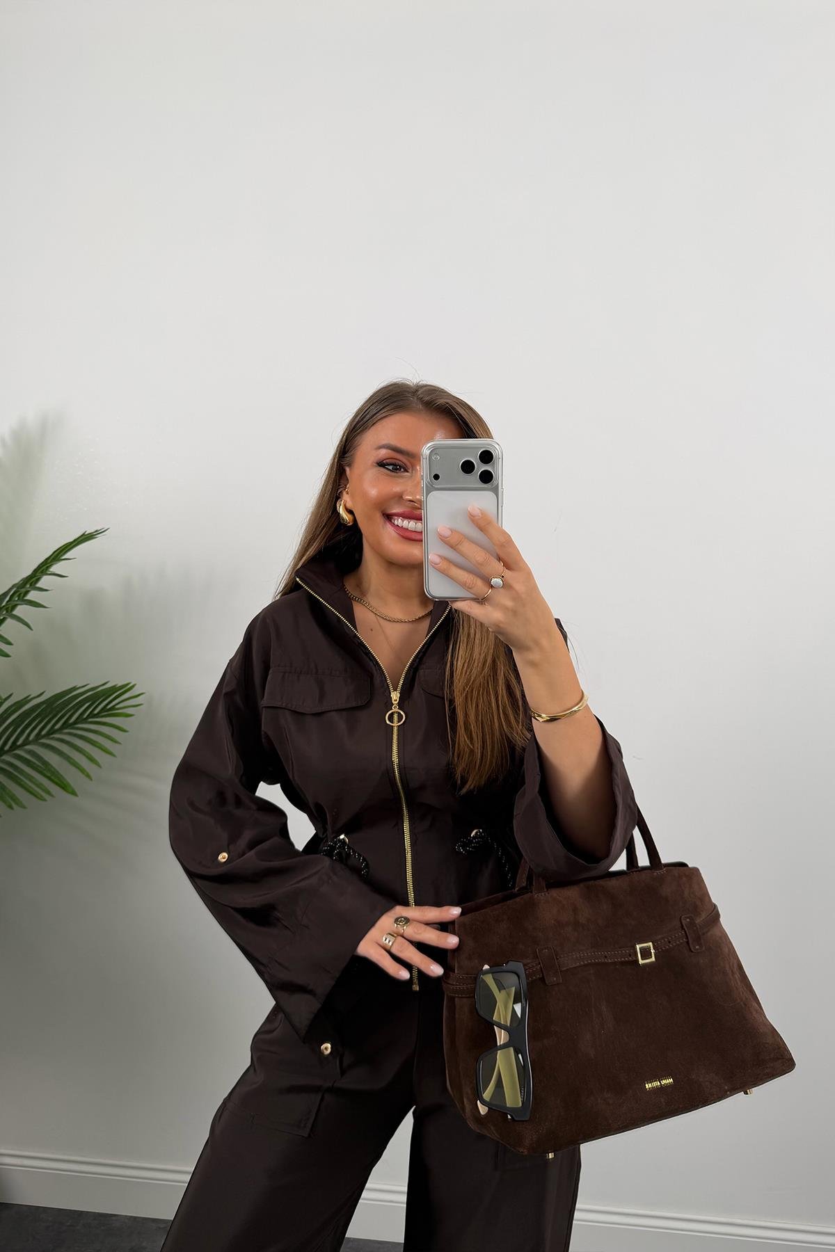 Lüx Kalite Gold Fermuarlı Parlak Kumaş Takım Acı Kahve