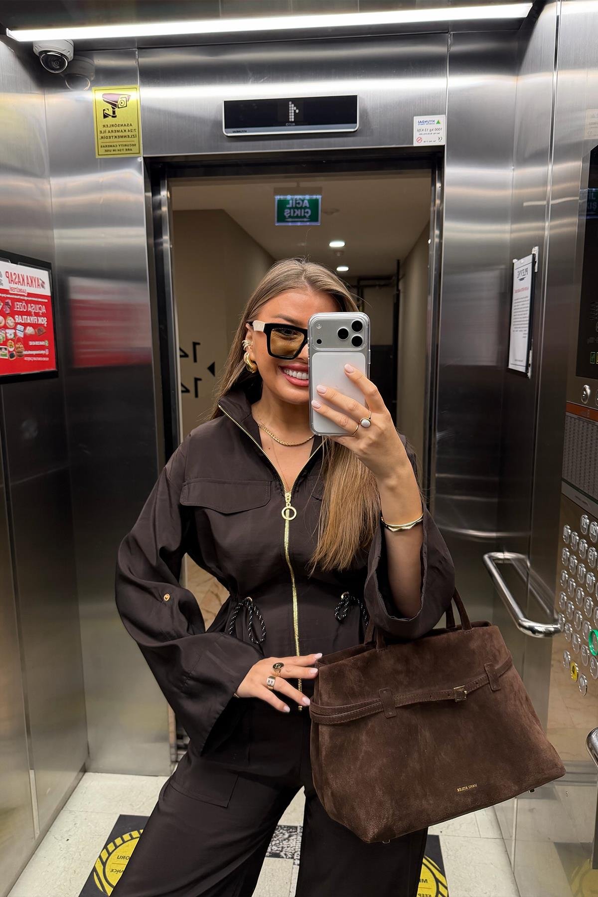 Lüx Kalite Gold Fermuarlı Parlak Kumaş Takım Acı Kahve