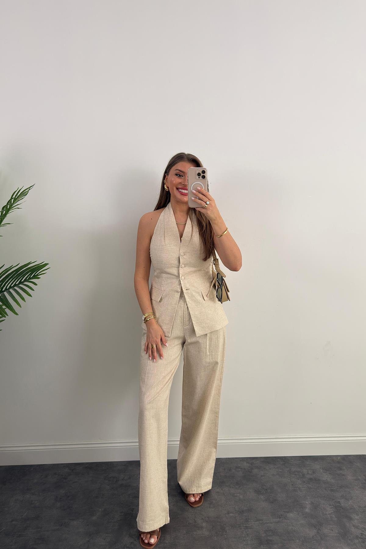 Lüx Kalite Ham Keten Boyundan Geçmeli Yelek Palazzo Takım Naturel Taş