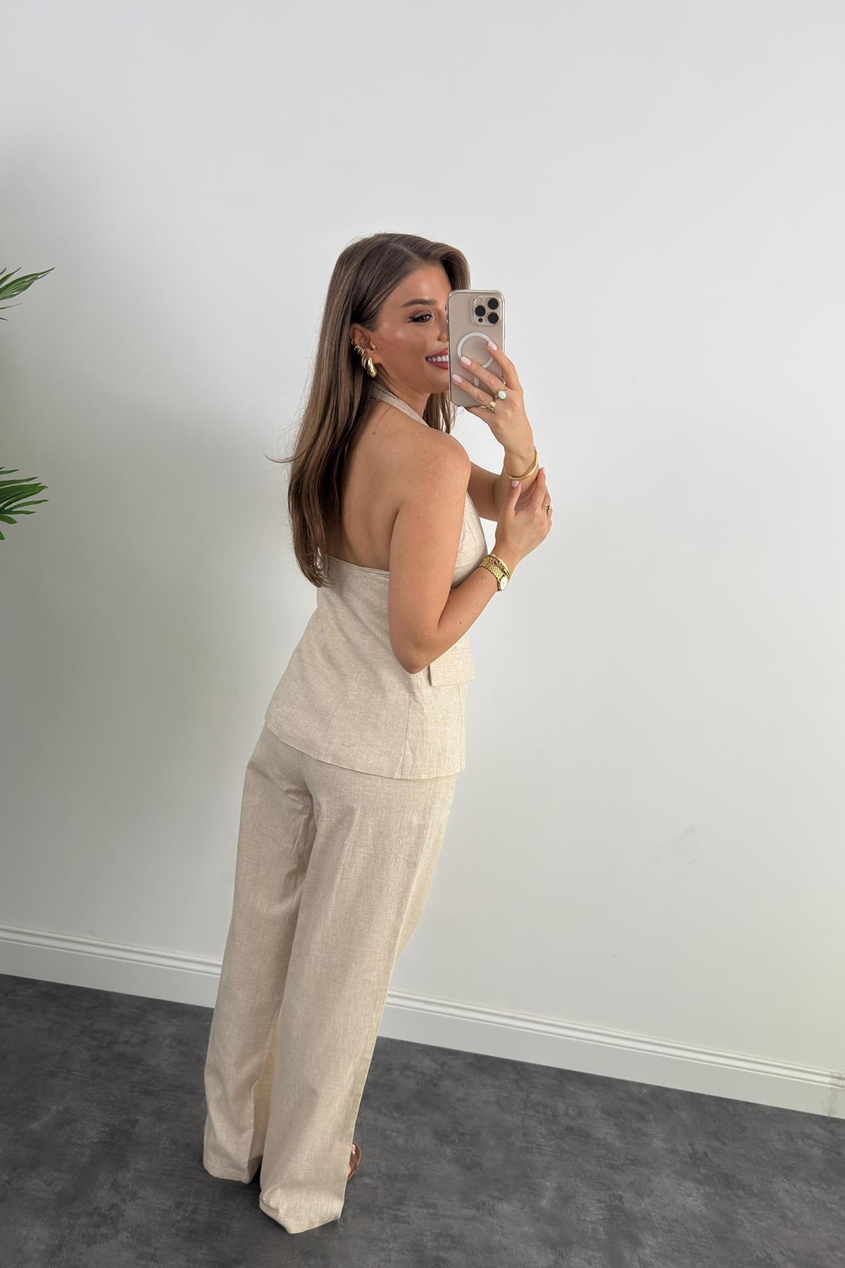 Lüx Kalite Ham Keten Boyundan Geçmeli Yelek Palazzo Takım Naturel Taş