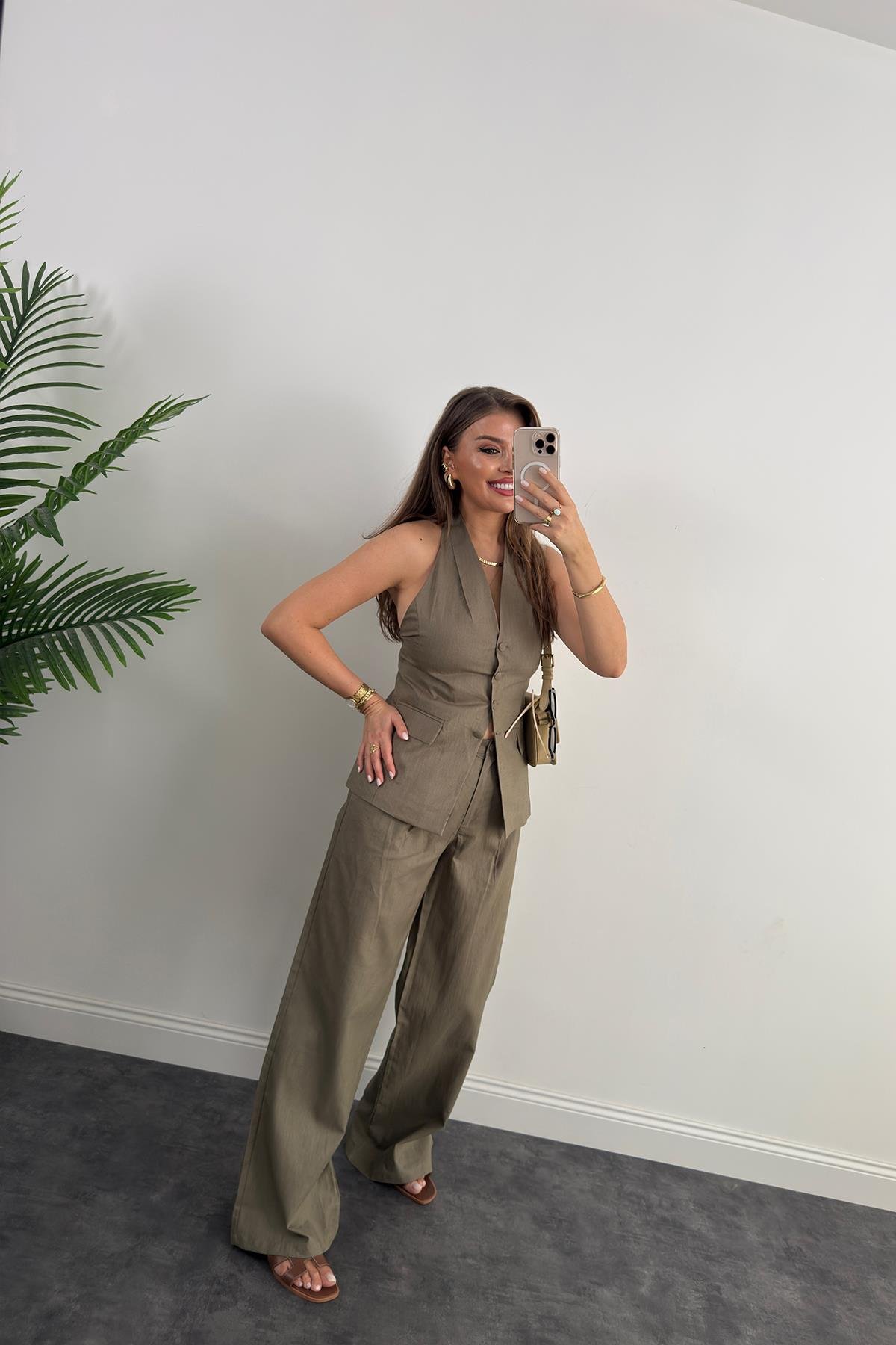 Lüx Kalite Ham Keten Boyundan Geçmeli Yelek Palazzo Takım Haki
