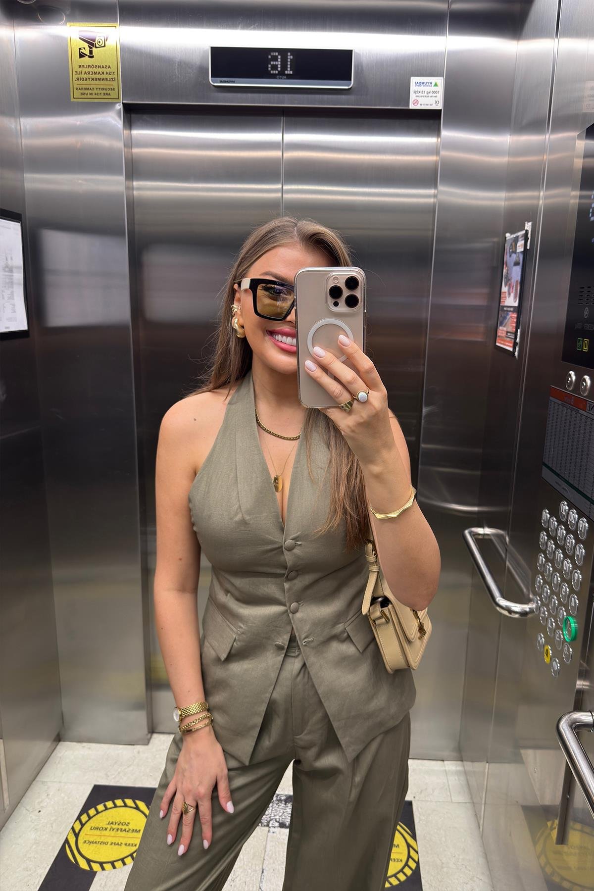 Lüx Kalite Ham Keten Boyundan Geçmeli Yelek Palazzo Takım Haki