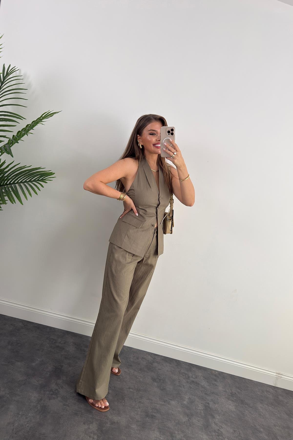 Lüx Kalite Ham Keten Boyundan Geçmeli Yelek Palazzo Takım Haki