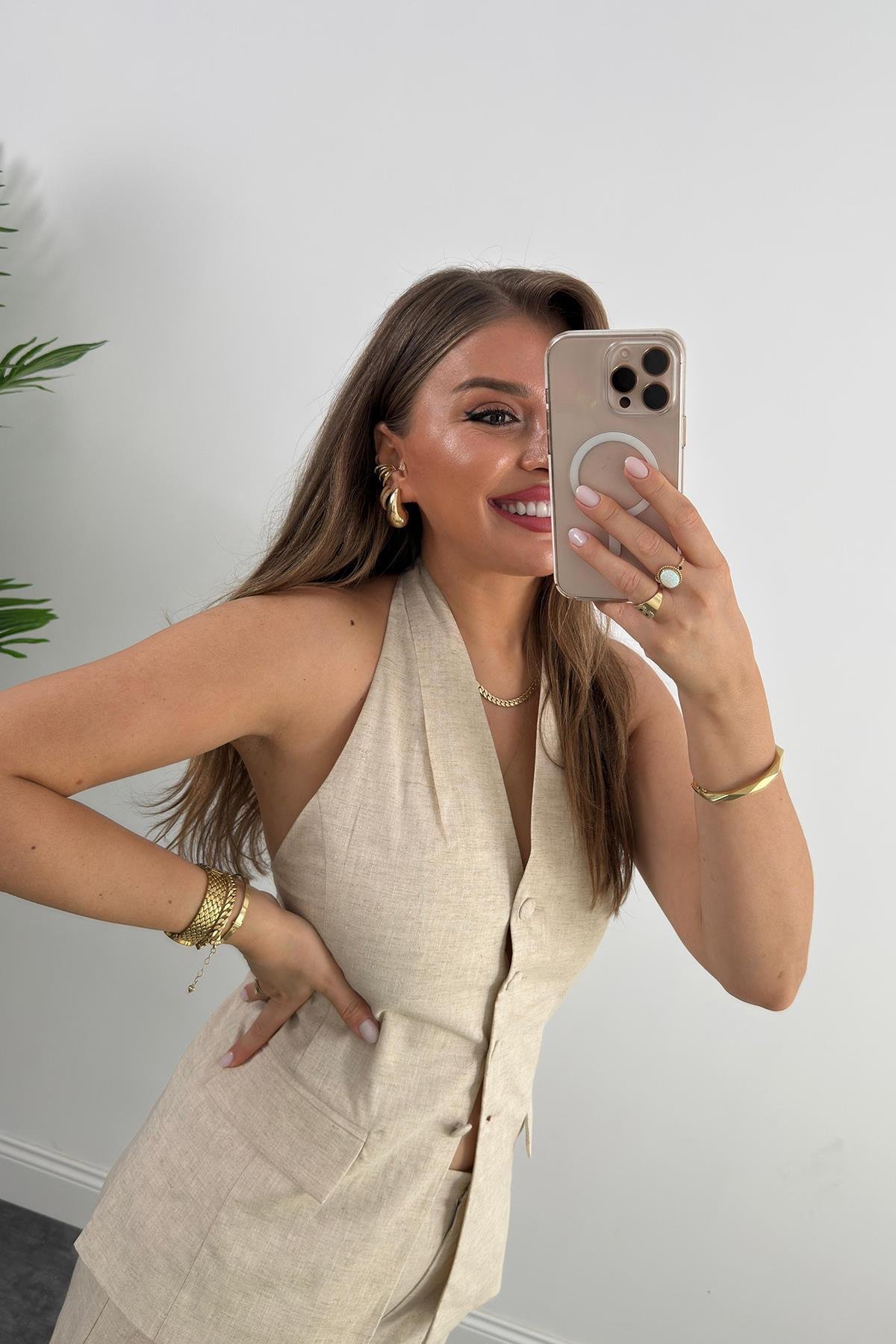 Lüx Kalite Ham Keten Boyundan Geçmeli Yelek Palazzo Takım Naturel Taş