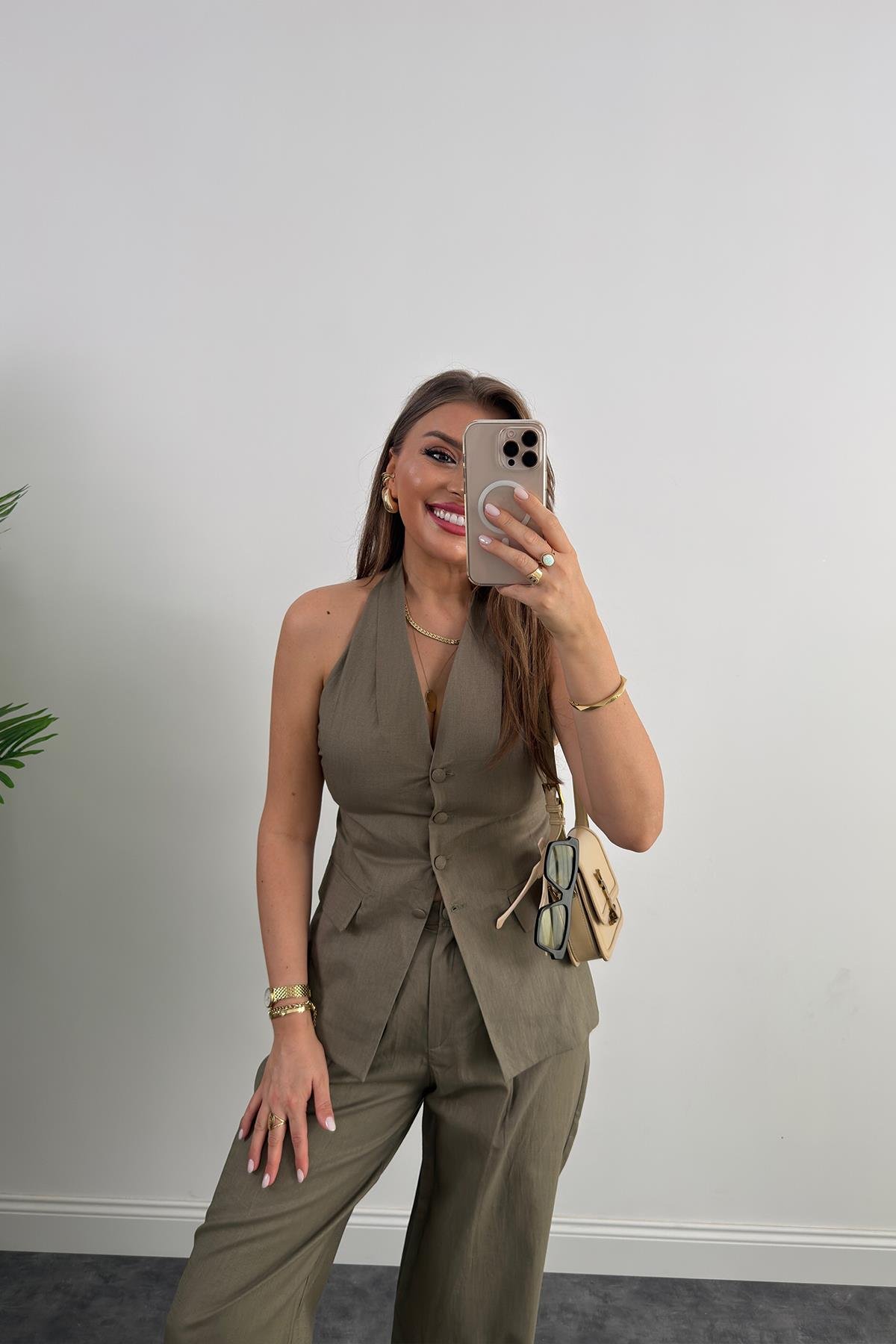 Lüx Kalite Ham Keten Boyundan Geçmeli Yelek Palazzo Takım Haki