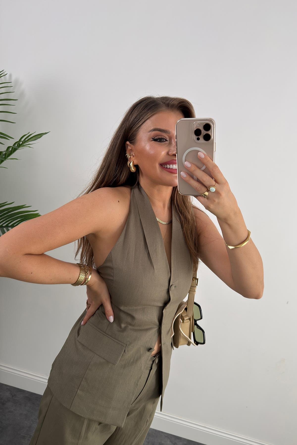 Lüx Kalite Ham Keten Boyundan Geçmeli Yelek Palazzo Takım Haki