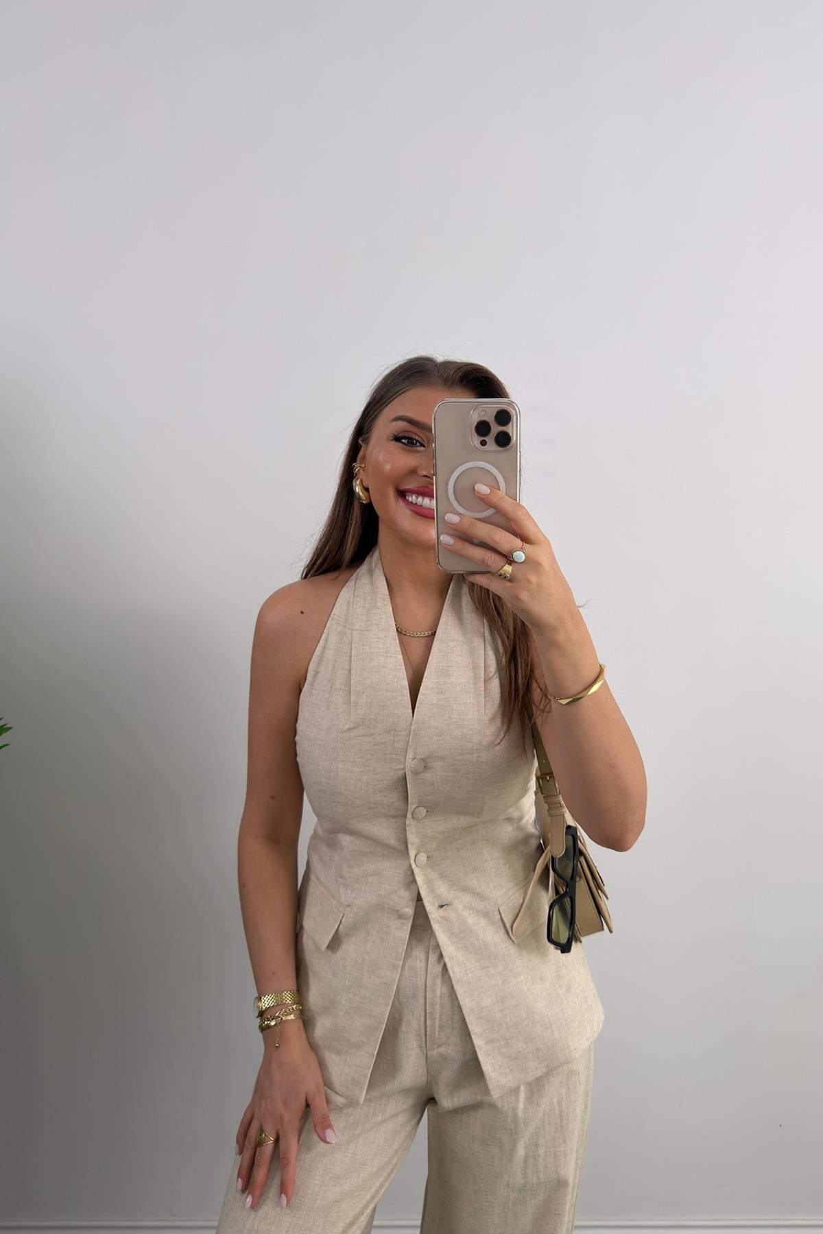 Lüx Kalite Ham Keten Boyundan Geçmeli Yelek Palazzo Takım Naturel Taş