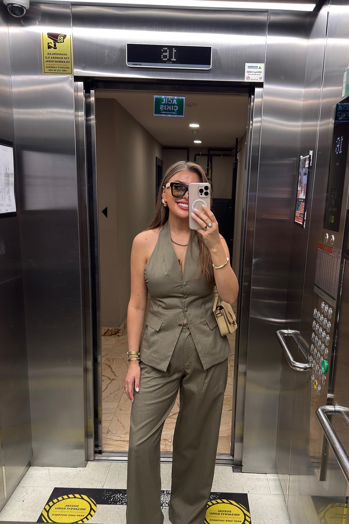 Lüx Kalite Ham Keten Boyundan Geçmeli Yelek Palazzo Takım Haki