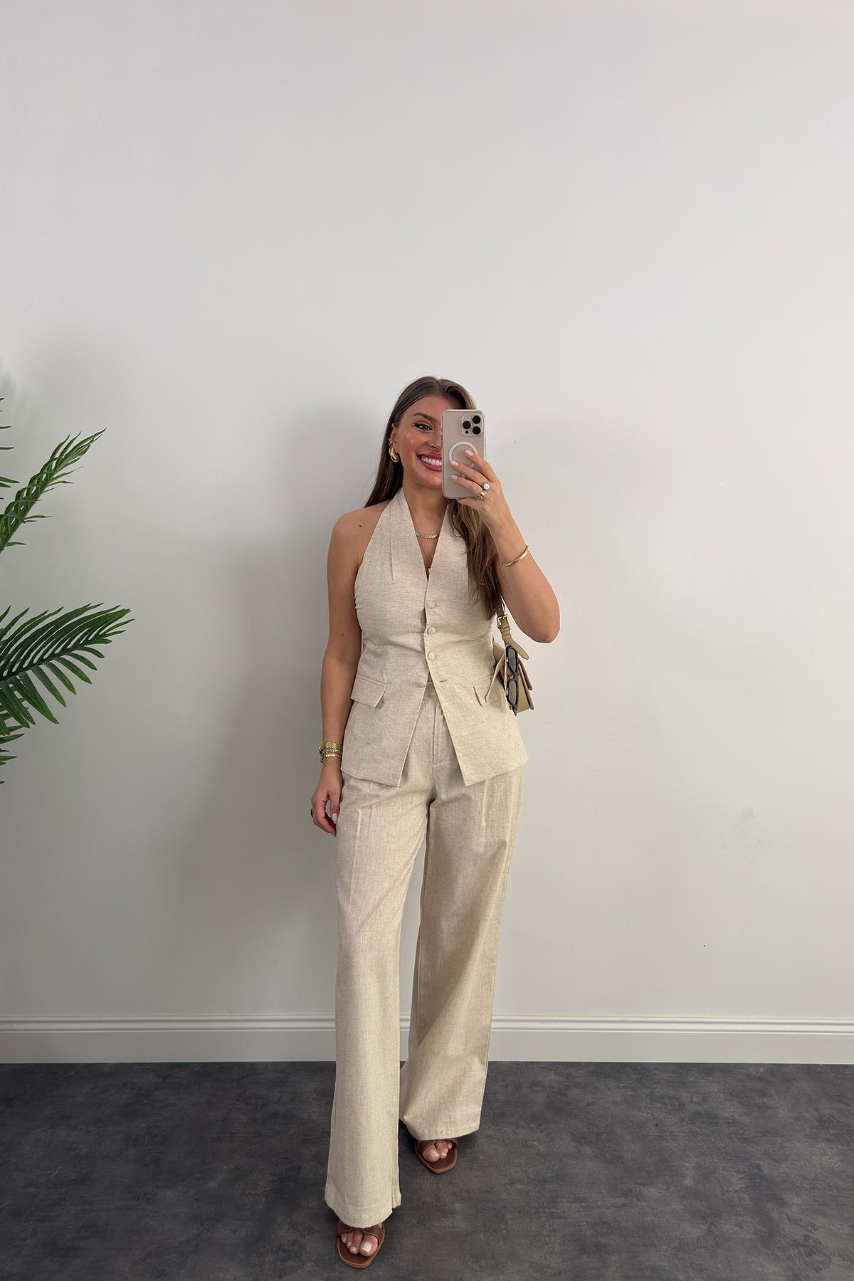 Lüx Kalite Ham Keten Boyundan Geçmeli Yelek Palazzo Takım Naturel Taş