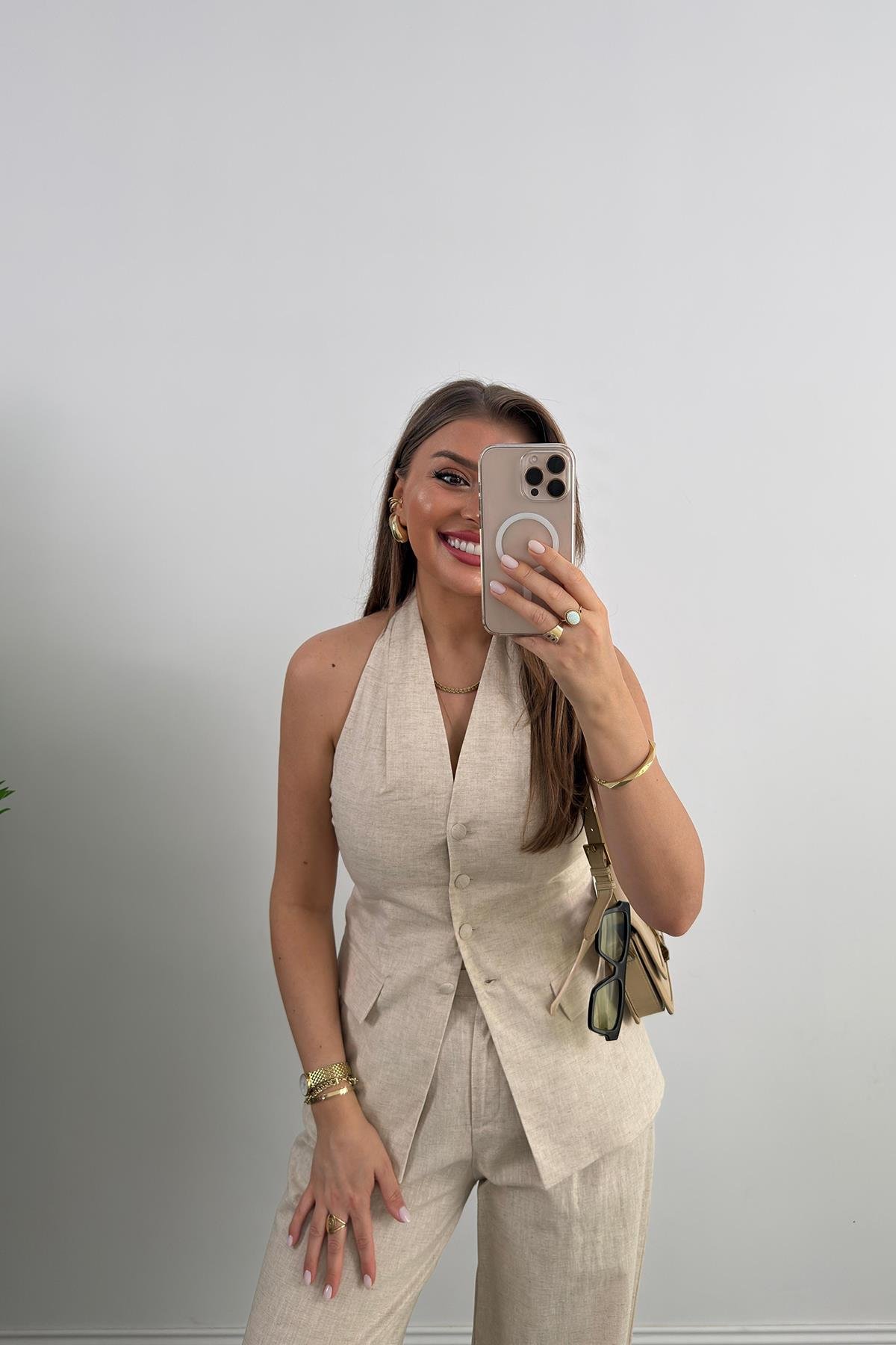 Lüx Kalite Ham Keten Boyundan Geçmeli Yelek Palazzo Takım Naturel Taş