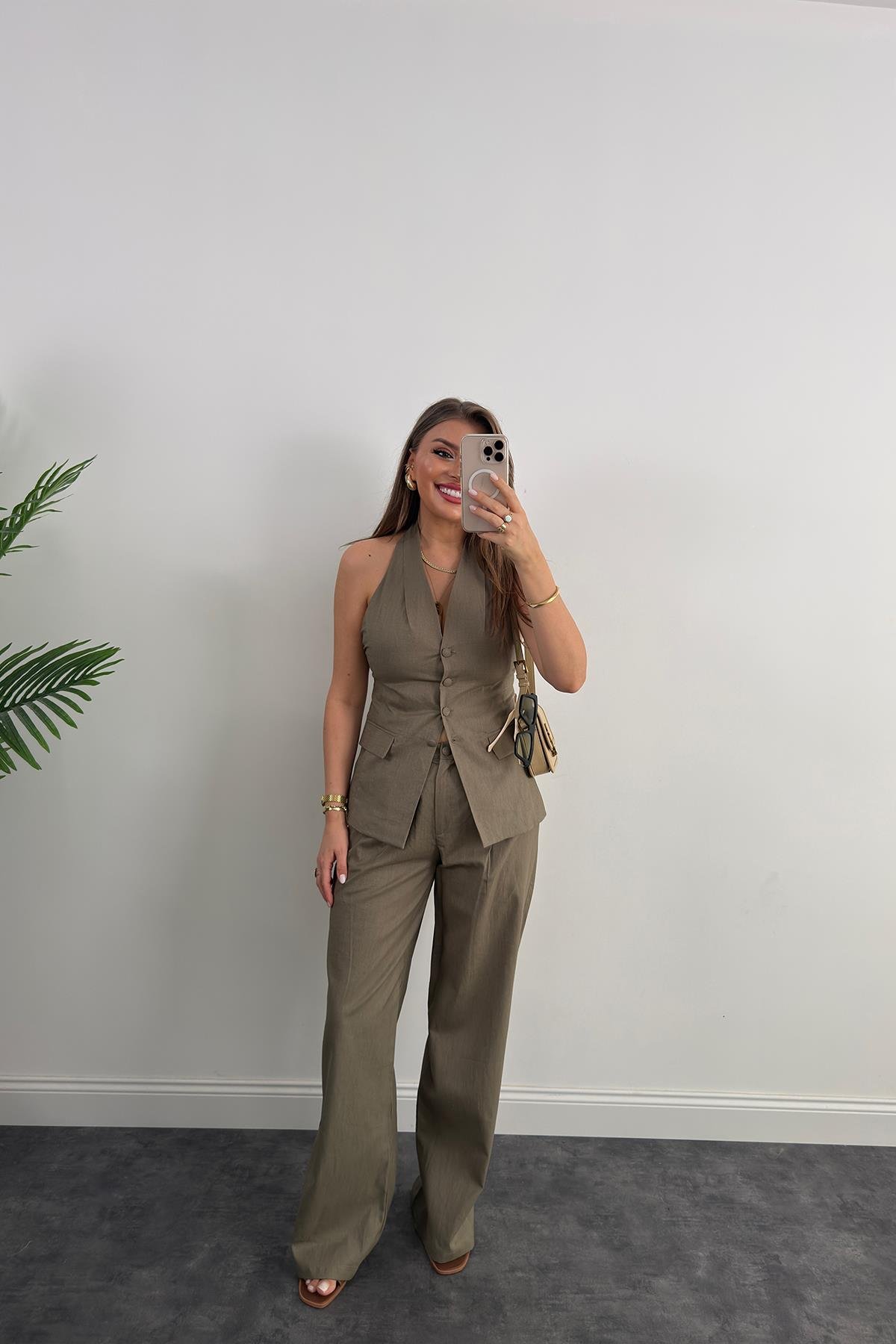 Lüx Kalite Ham Keten Boyundan Geçmeli Yelek Palazzo Takım Haki