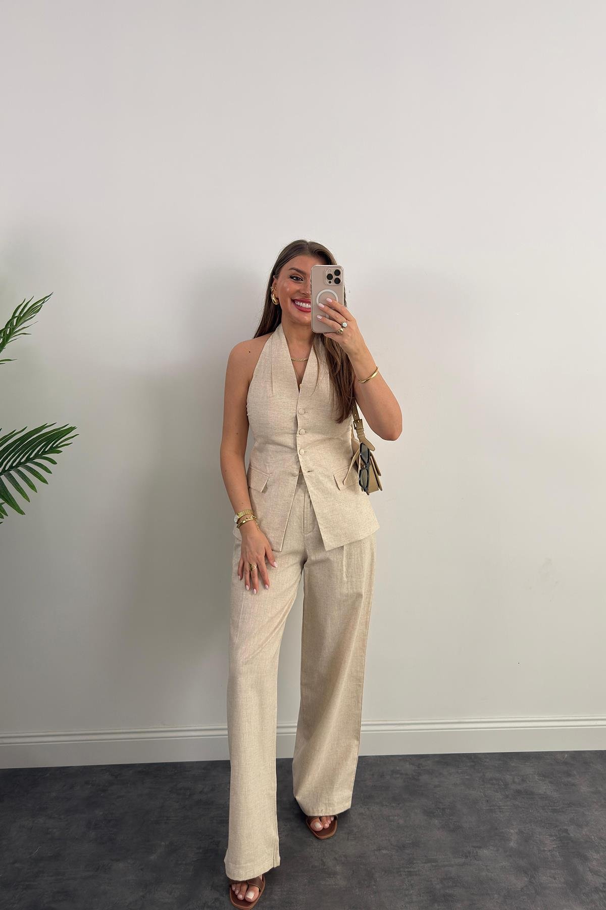 Lüx Kalite Ham Keten Boyundan Geçmeli Yelek Palazzo Takım Naturel Taş