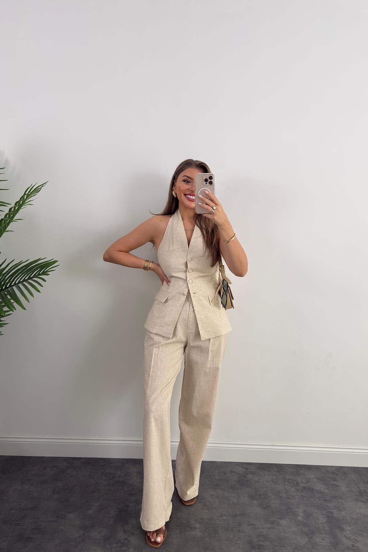 Lüx Kalite Ham Keten Boyundan Geçmeli Yelek Palazzo Takım Naturel Taş