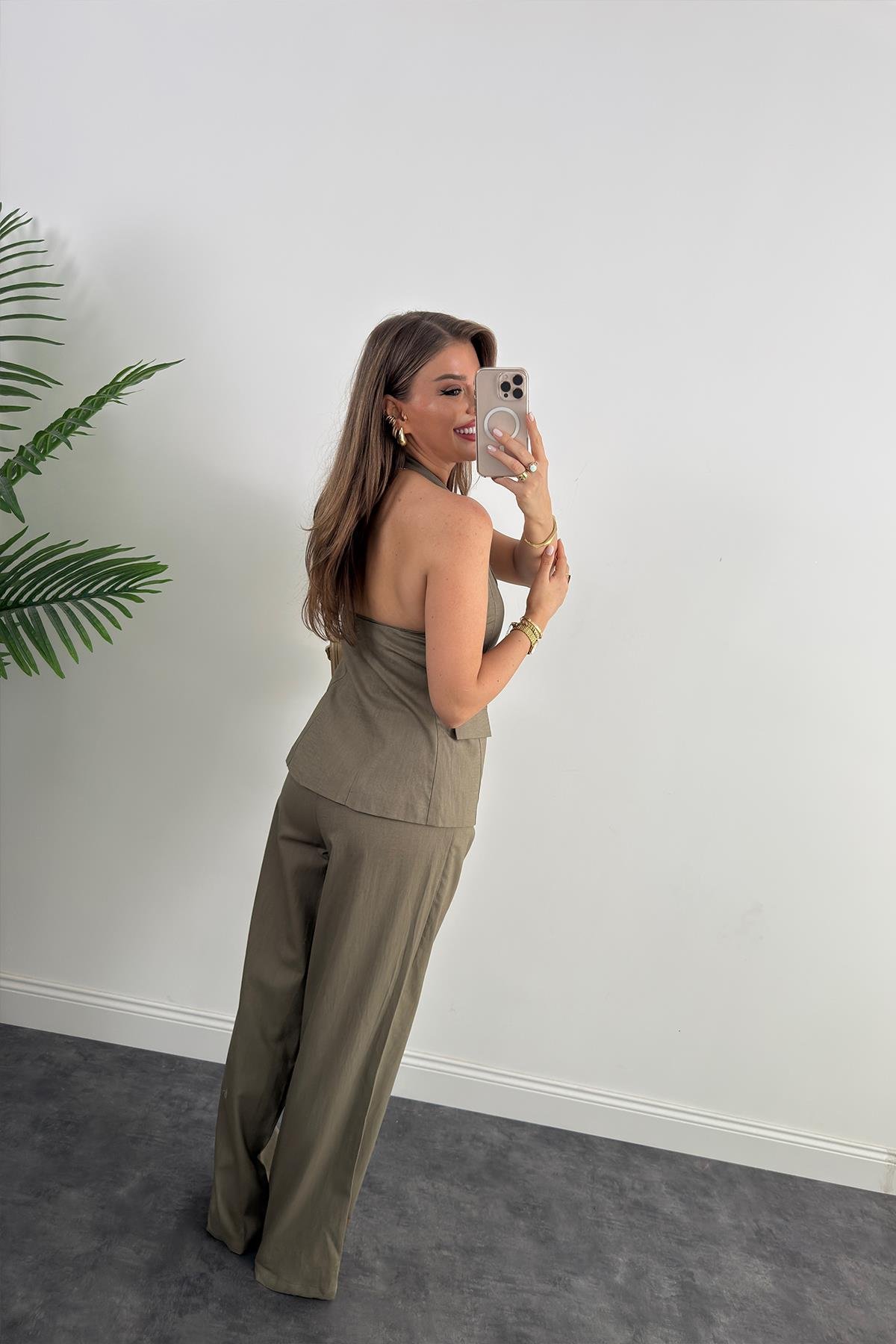 Lüx Kalite Ham Keten Boyundan Geçmeli Yelek Palazzo Takım Haki