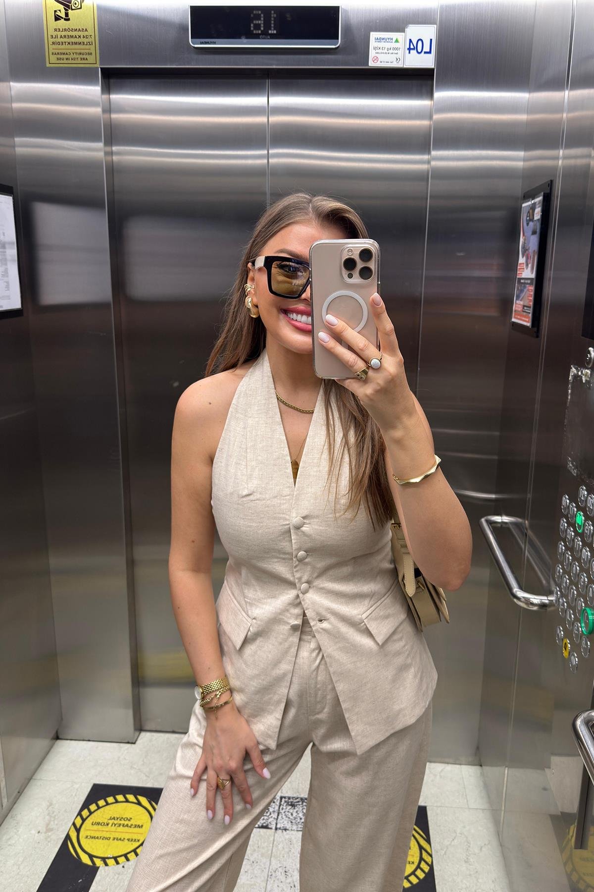 Lüx Kalite Ham Keten Boyundan Geçmeli Yelek Palazzo Takım Naturel Taş