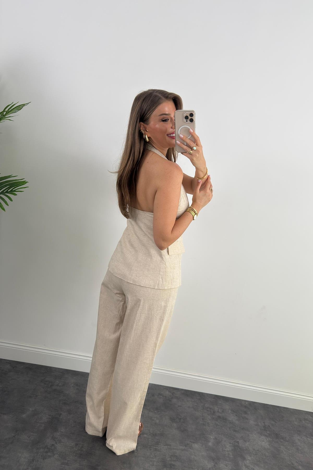 Lüx Kalite Ham Keten Boyundan Geçmeli Yelek Palazzo Takım Naturel Taş