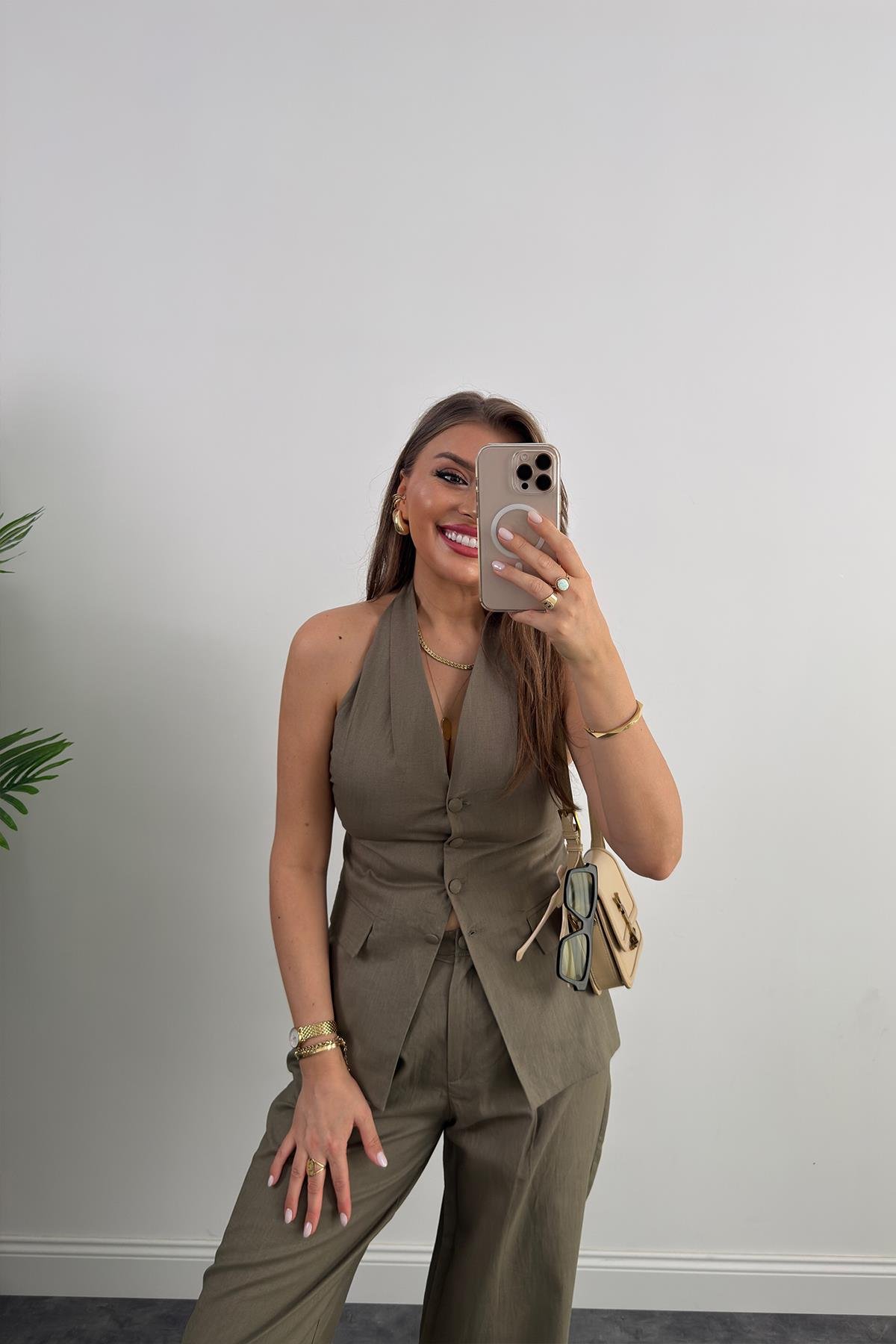 Lüx Kalite Ham Keten Boyundan Geçmeli Yelek Palazzo Takım Haki