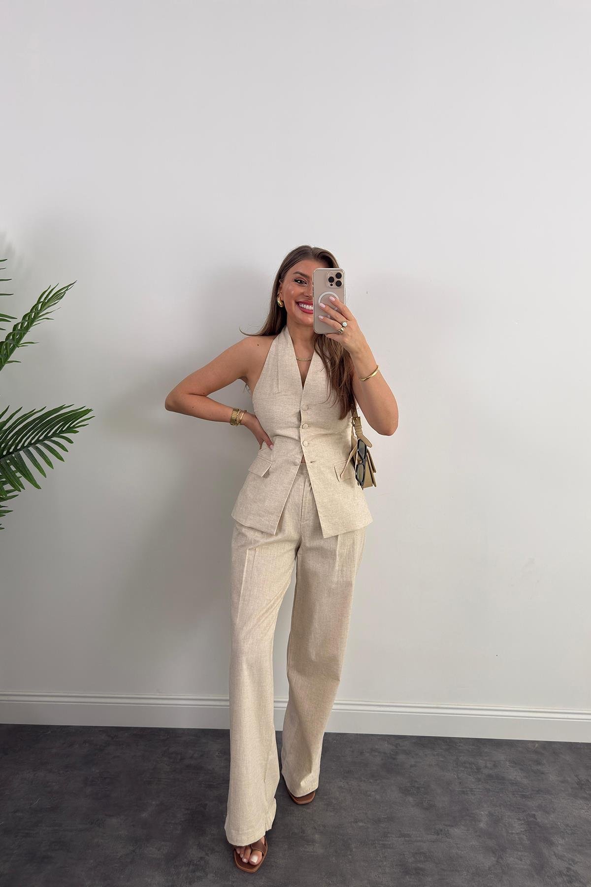 Lüx Kalite Ham Keten Boyundan Geçmeli Yelek Palazzo Takım Naturel Taş