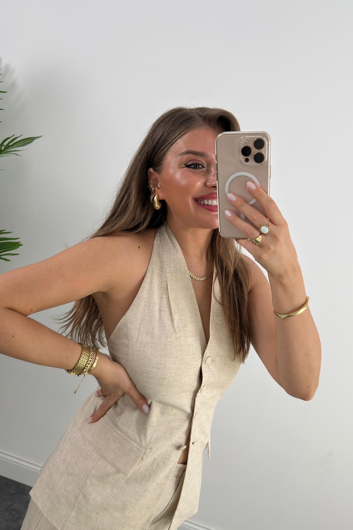 Lüx Kalite Ham Keten Boyundan Geçmeli Yelek Palazzo Takım Naturel Taş