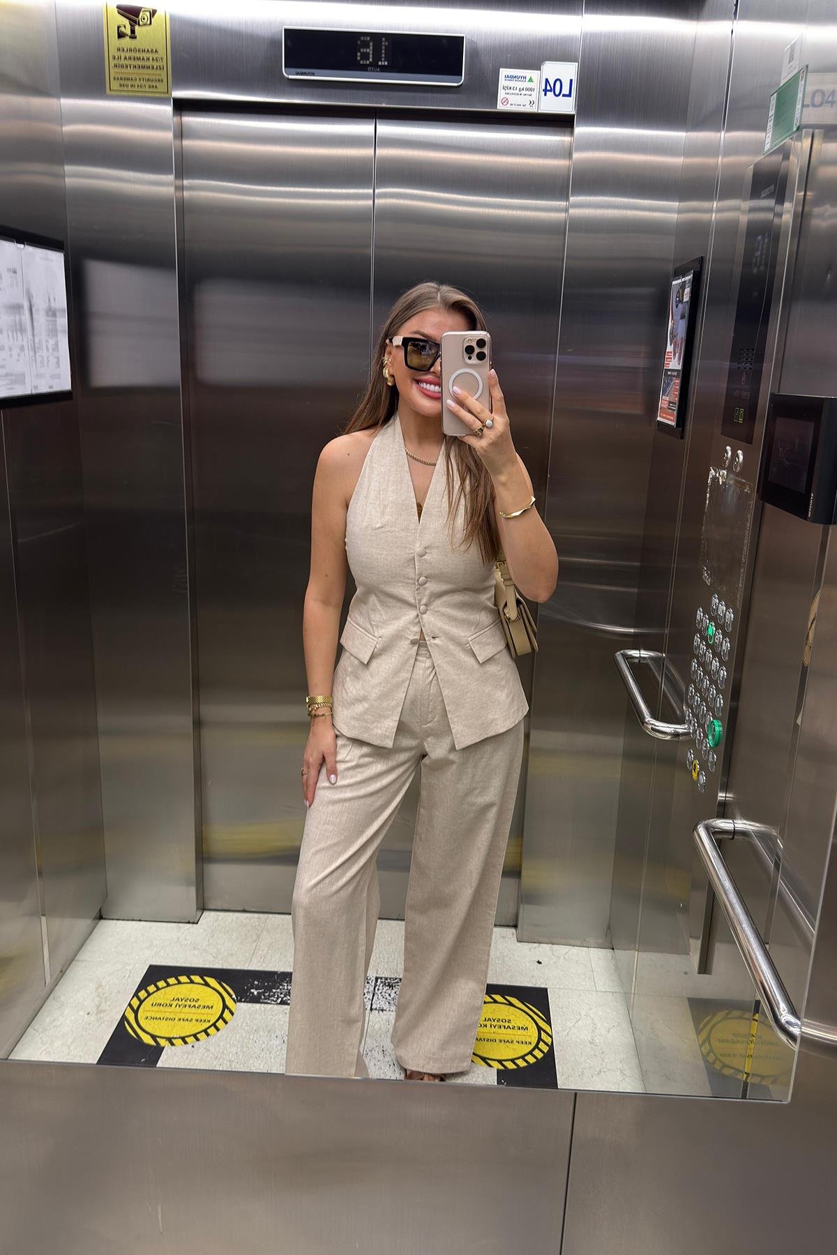 Lüx Kalite Ham Keten Boyundan Geçmeli Yelek Palazzo Takım Naturel Taş