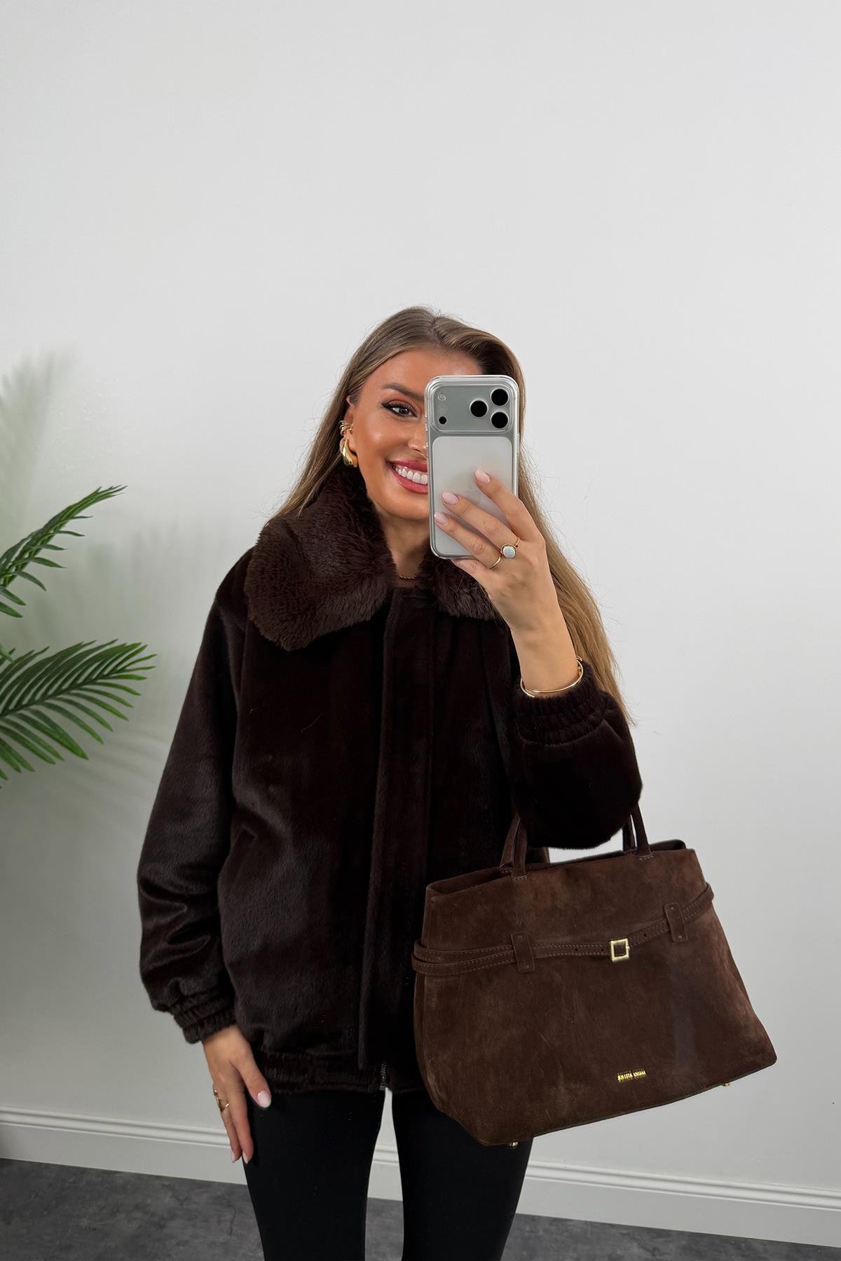 Lüx Kalite İthal Kumaş Kürk Mont Acı Kahve