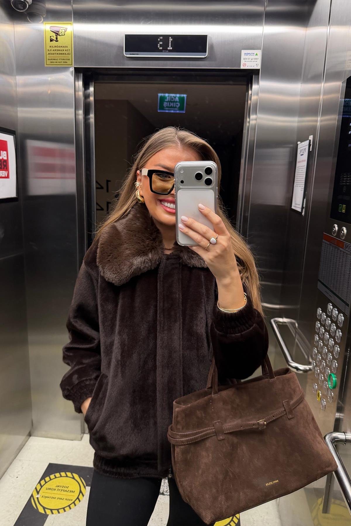 Lüx Kalite İthal Kumaş Kürk Mont Acı Kahve