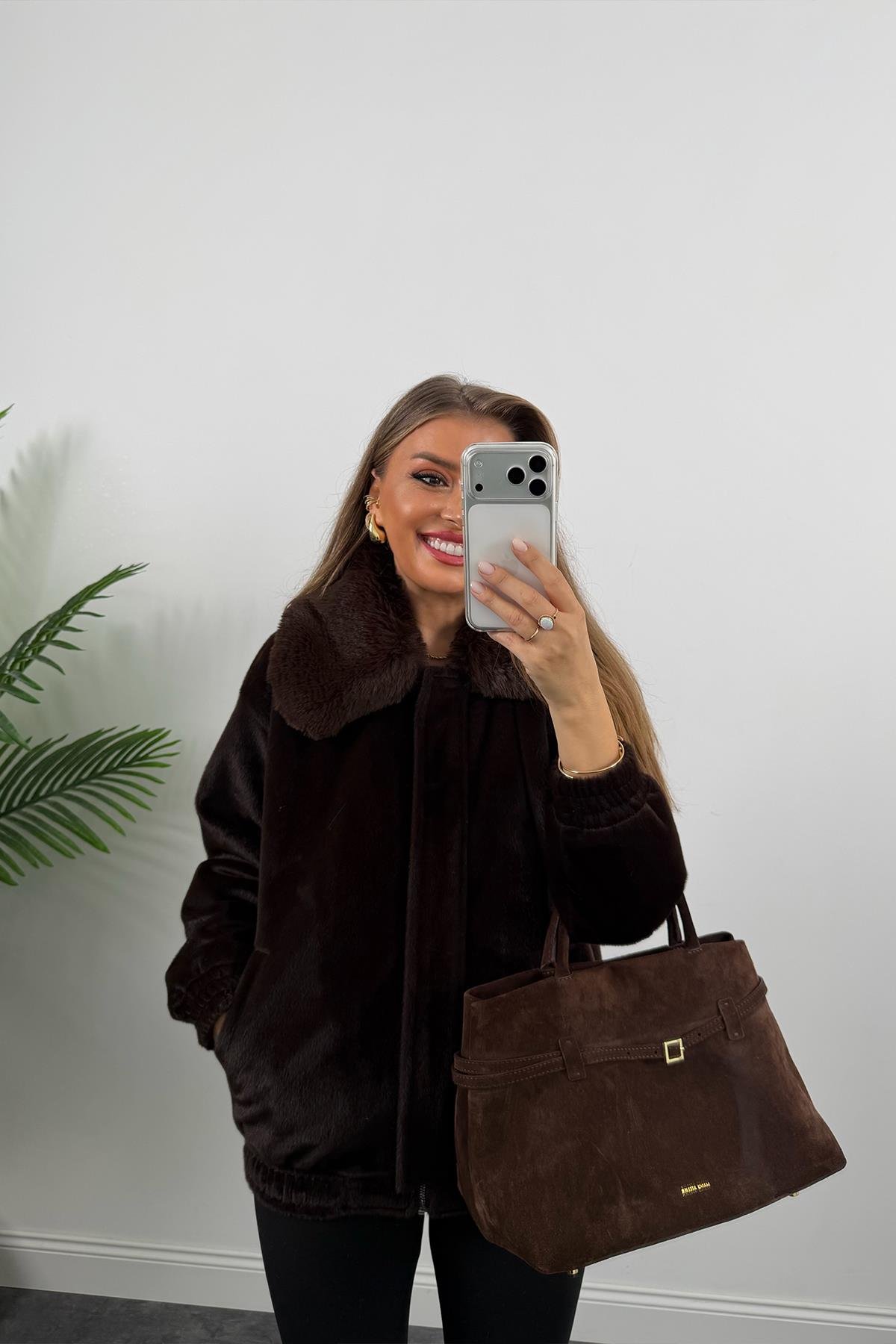 Lüx Kalite İthal Kumaş Kürk Mont Acı Kahve