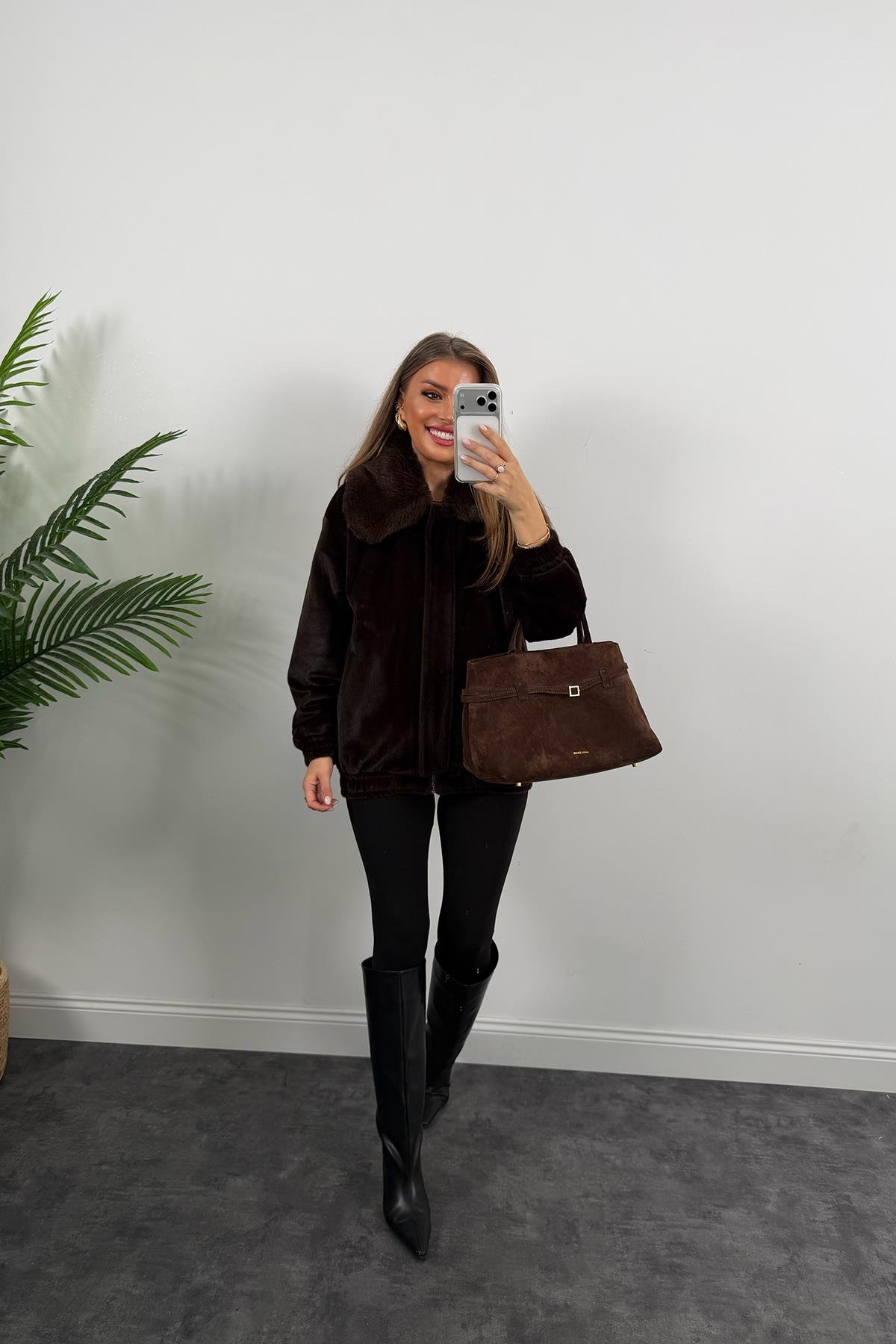 Lüx Kalite İthal Kumaş Kürk Mont Acı Kahve