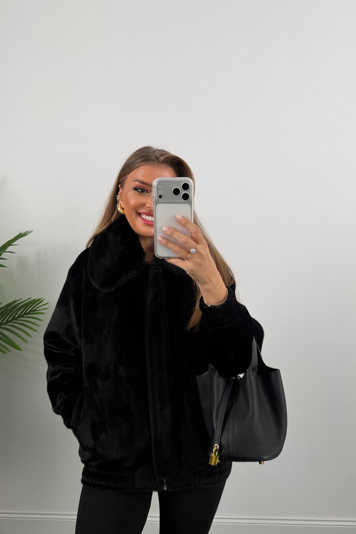 Lüx Kalite İthal Kumaş Kürk Mont Siyah