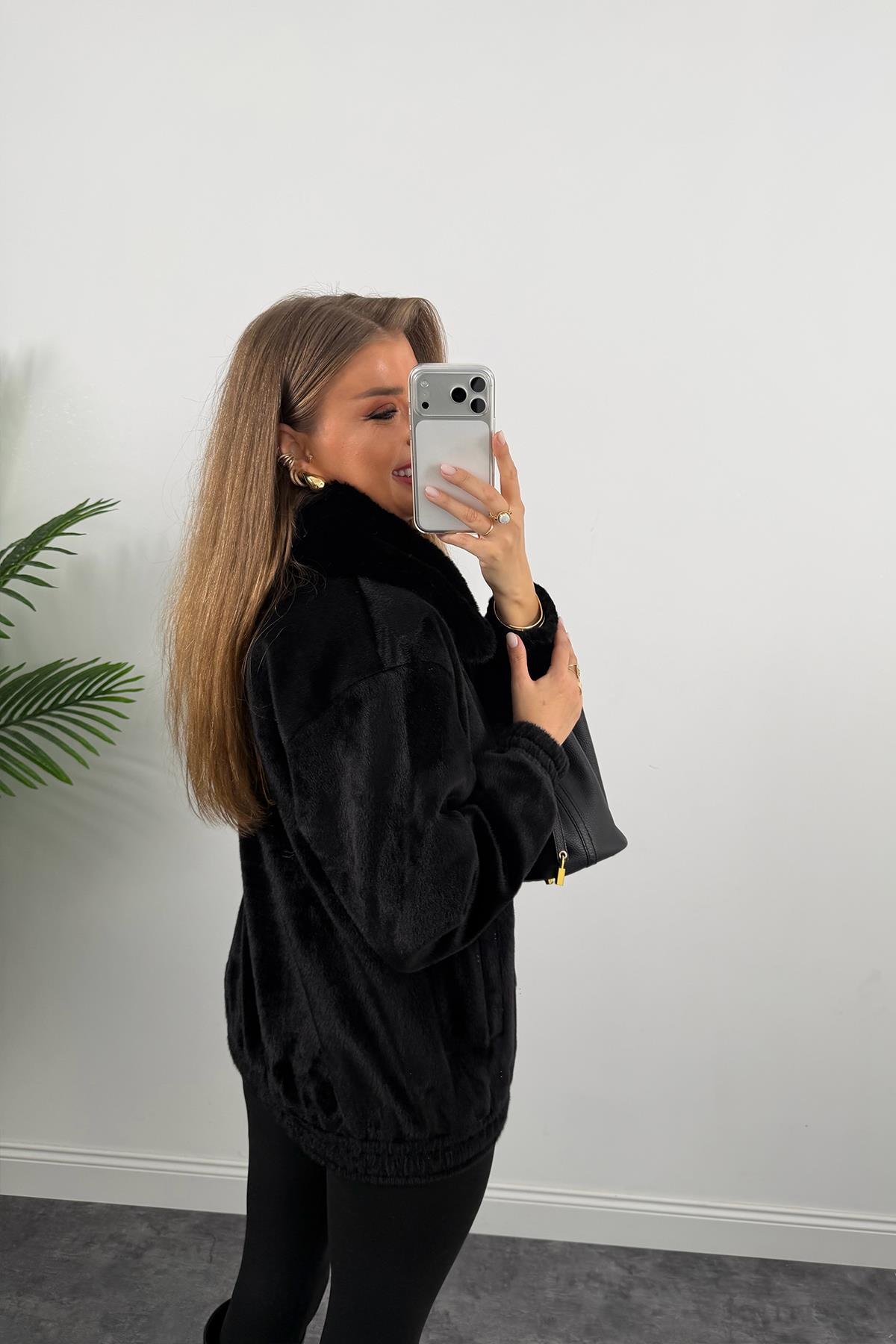 Lüx Kalite İthal Kumaş Kürk Mont Siyah