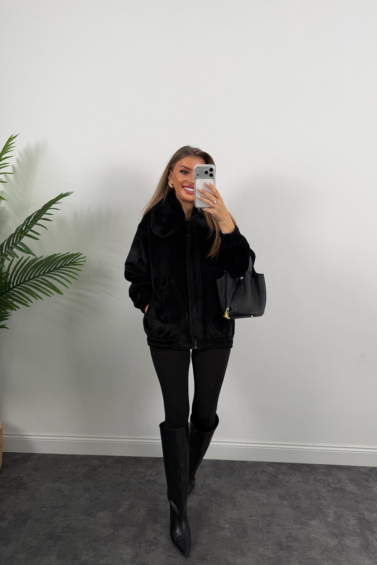 Lüx Kalite İthal Kumaş Kürk Mont Siyah