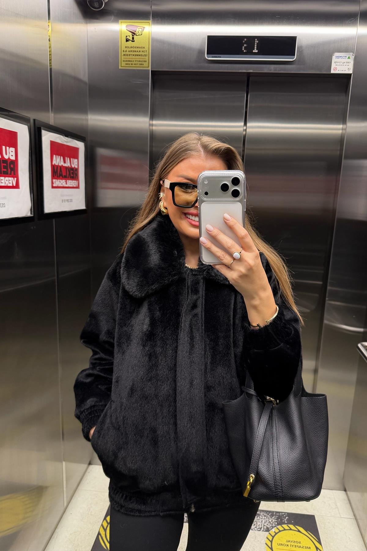 Lüx Kalite İthal Kumaş Kürk Mont Siyah