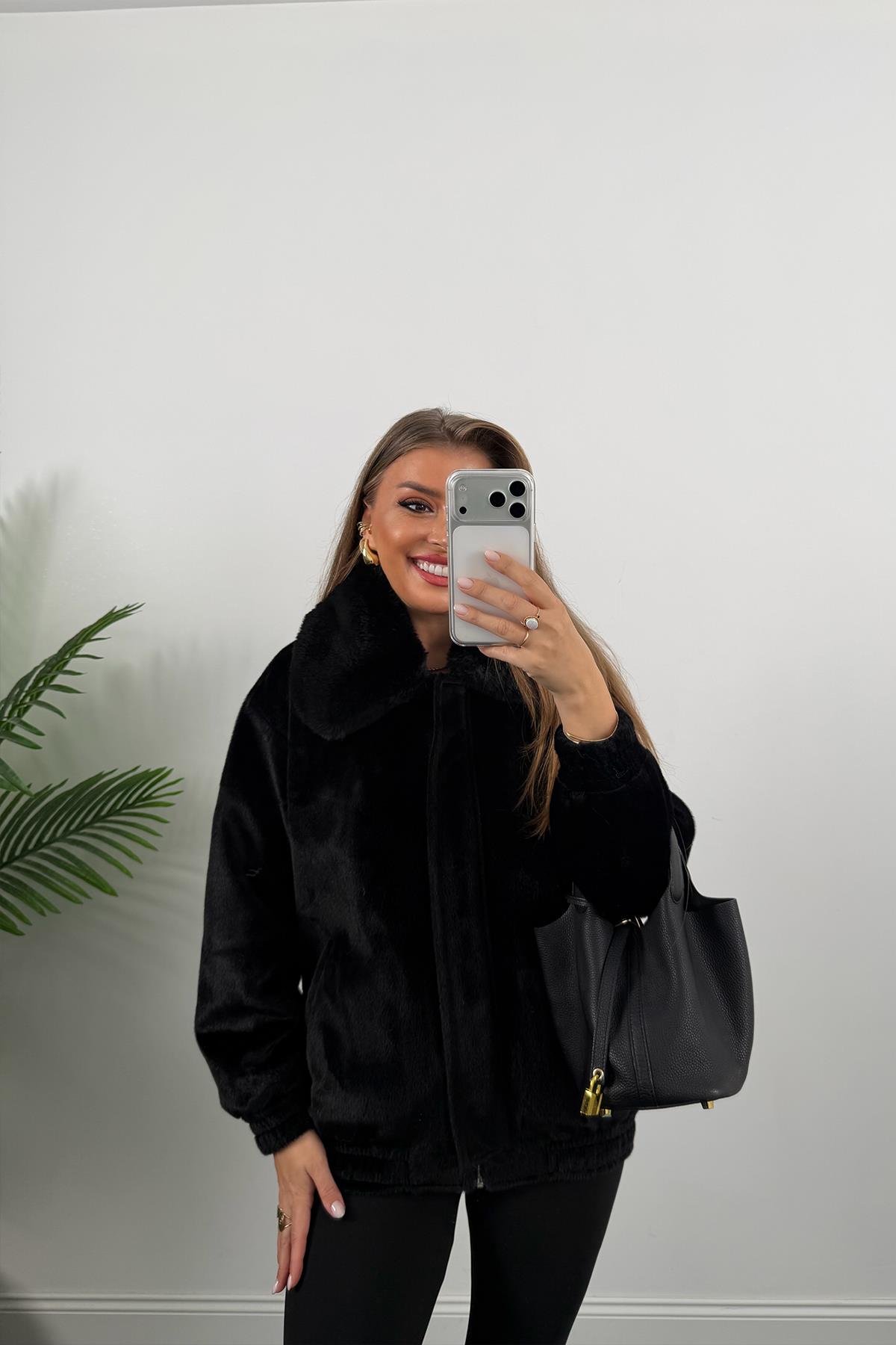 Lüx Kalite İthal Kumaş Kürk Mont Siyah