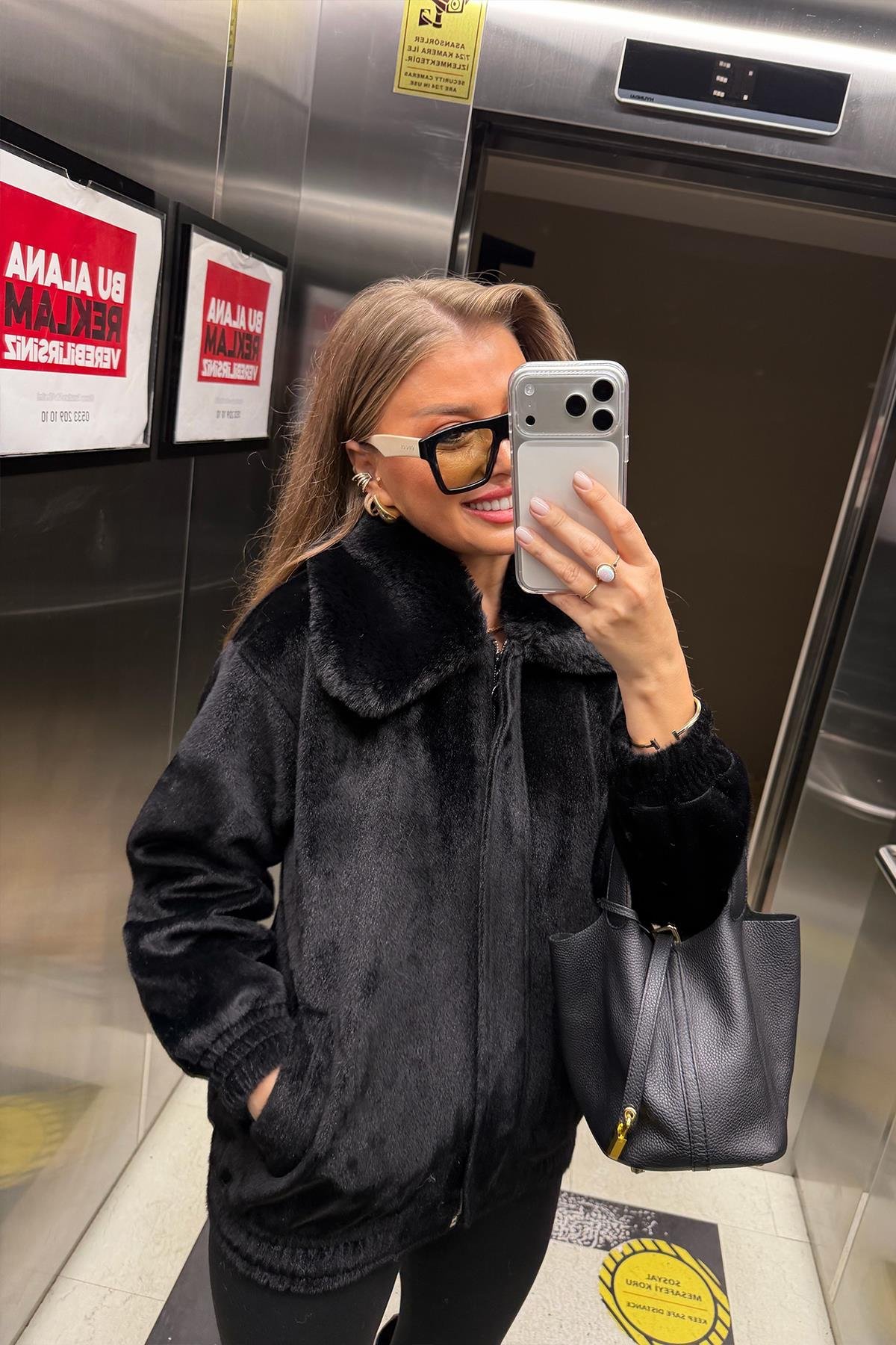 Lüx Kalite İthal Kumaş Kürk Mont Siyah