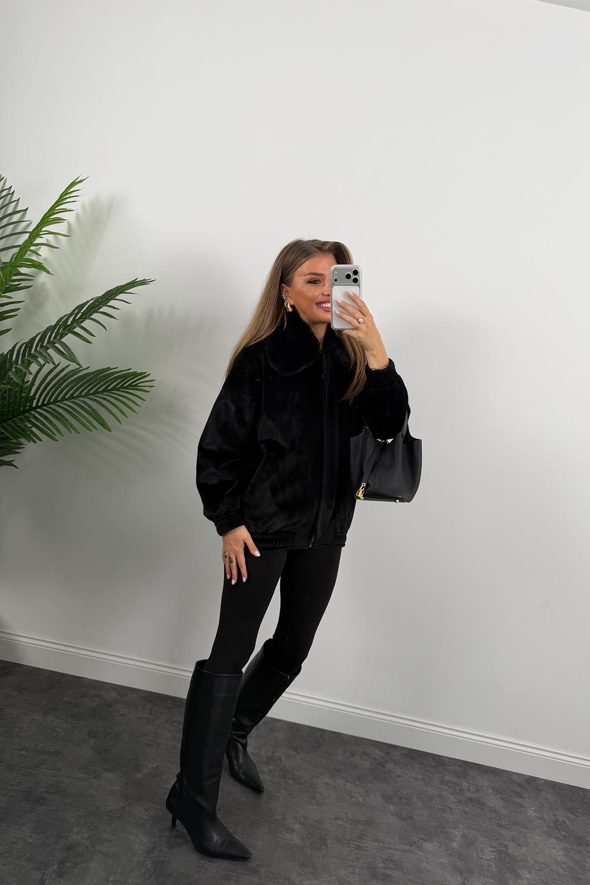 Lüx Kalite İthal Kumaş Kürk Mont Siyah