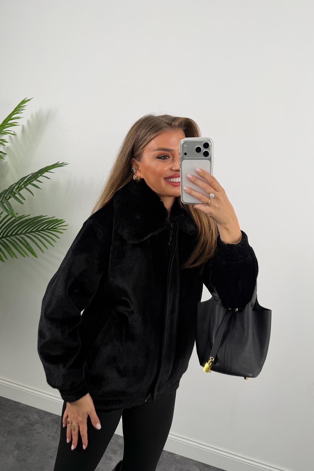 Lüx Kalite İthal Kumaş Kürk Mont Siyah