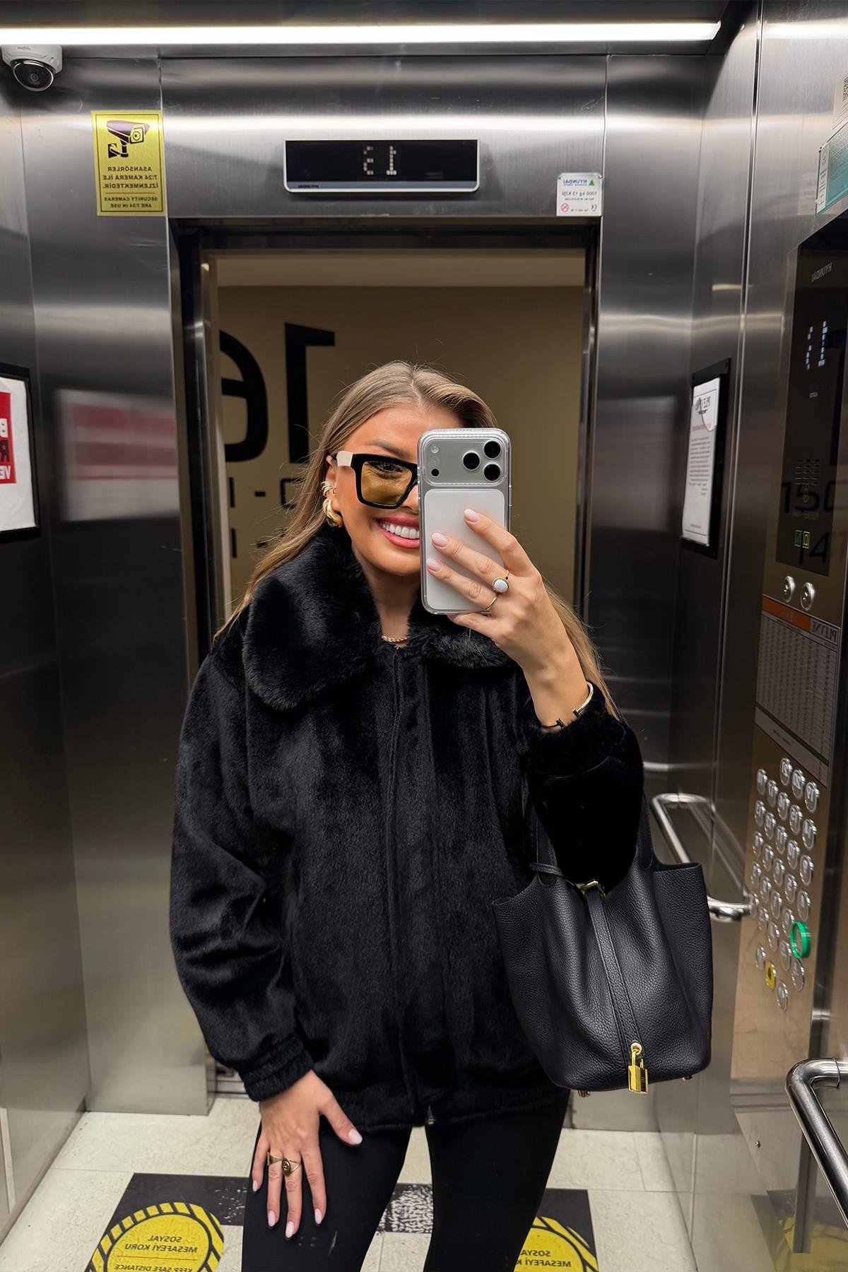 Lüx Kalite İthal Kumaş Kürk Mont Siyah