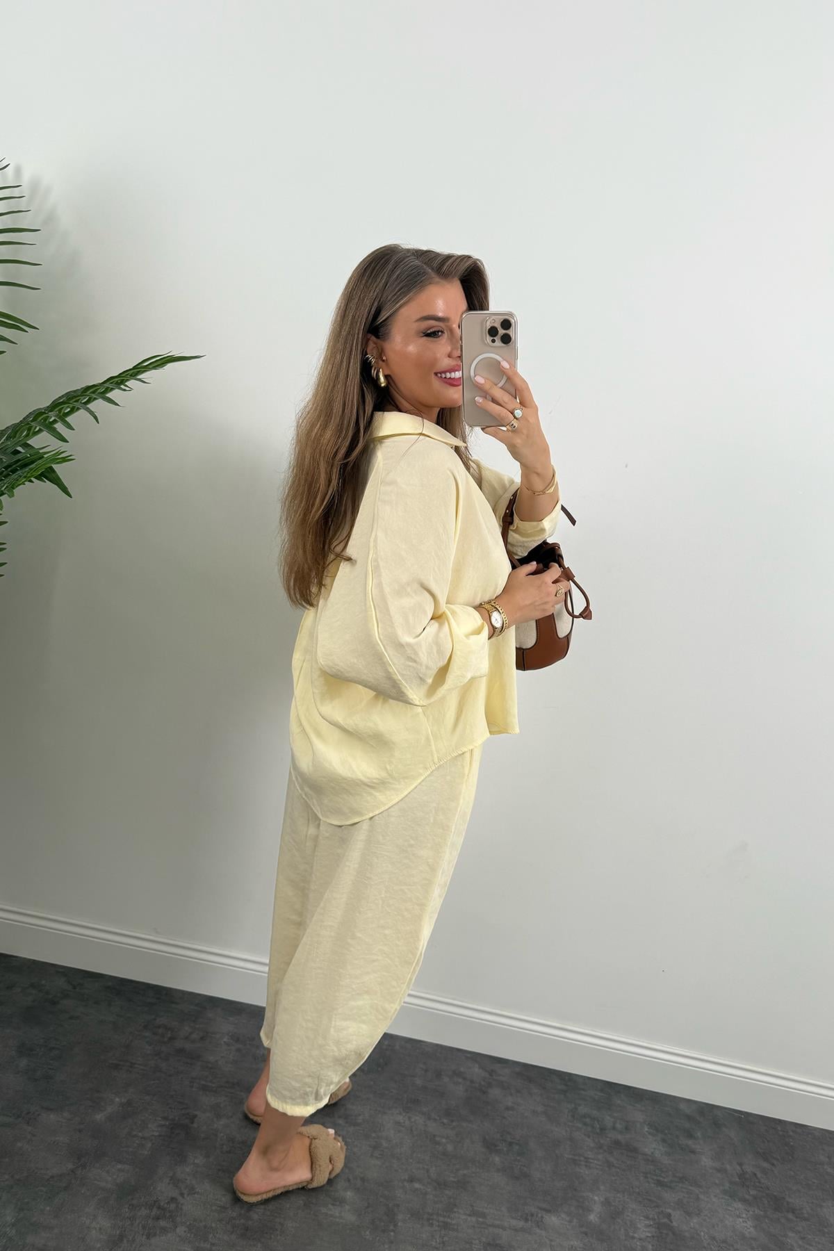 Lüx Kalite İthal Tensel Kumaş Harem Takım Pastel Sarı