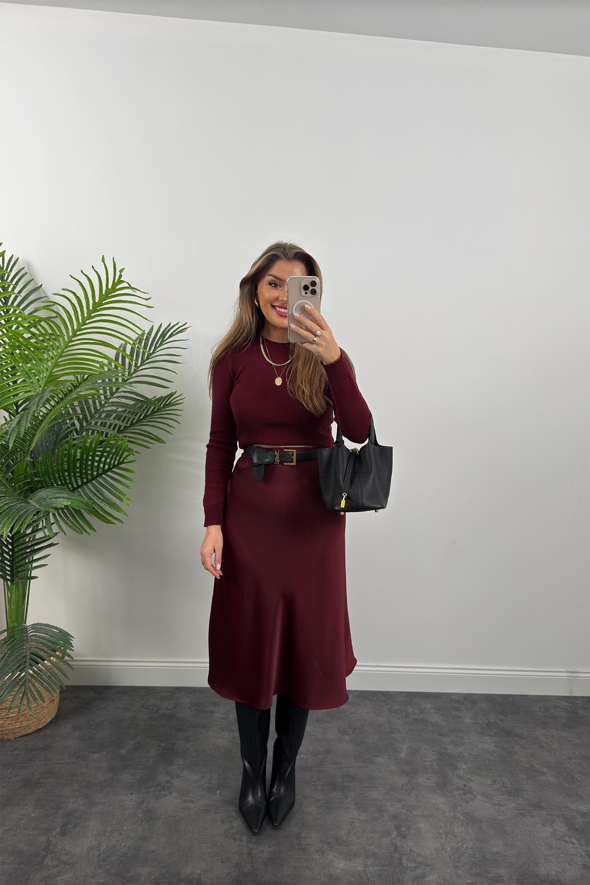 Lüx Kalite Kalın Kumaş Midi Boy Saten Etek Bordo