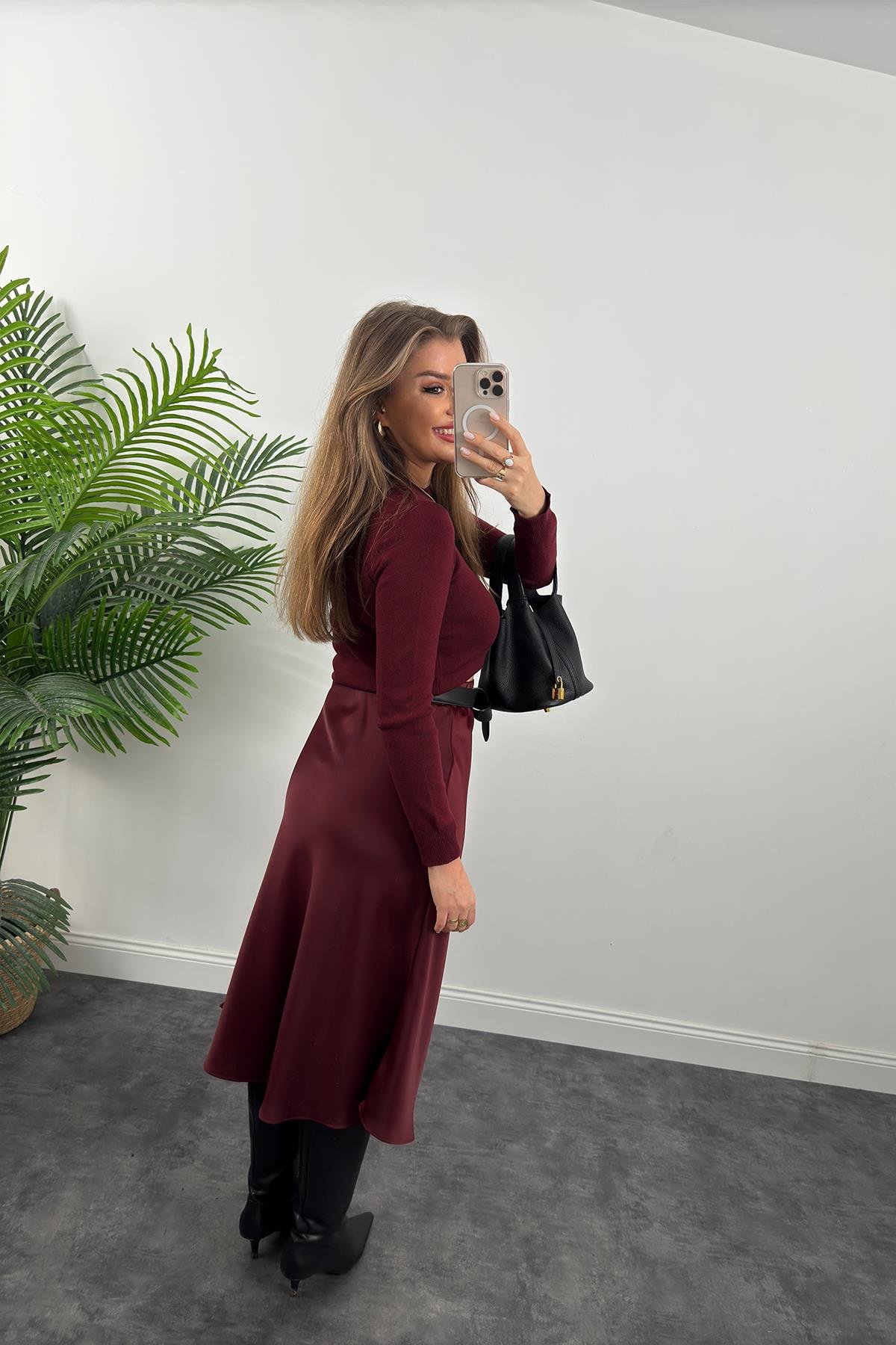 Lüx Kalite Kalın Kumaş Midi Boy Saten Etek Bordo