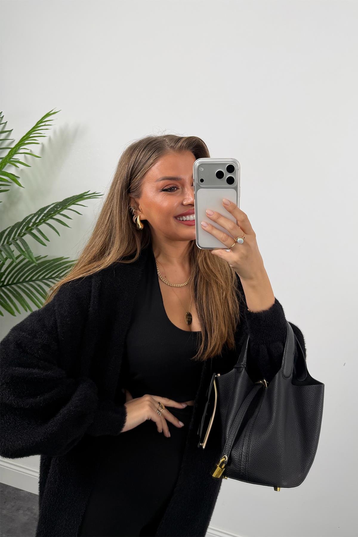 Lüx Kalite Kaşmir Dokulu Maxi Yumoş Hırka Siyah