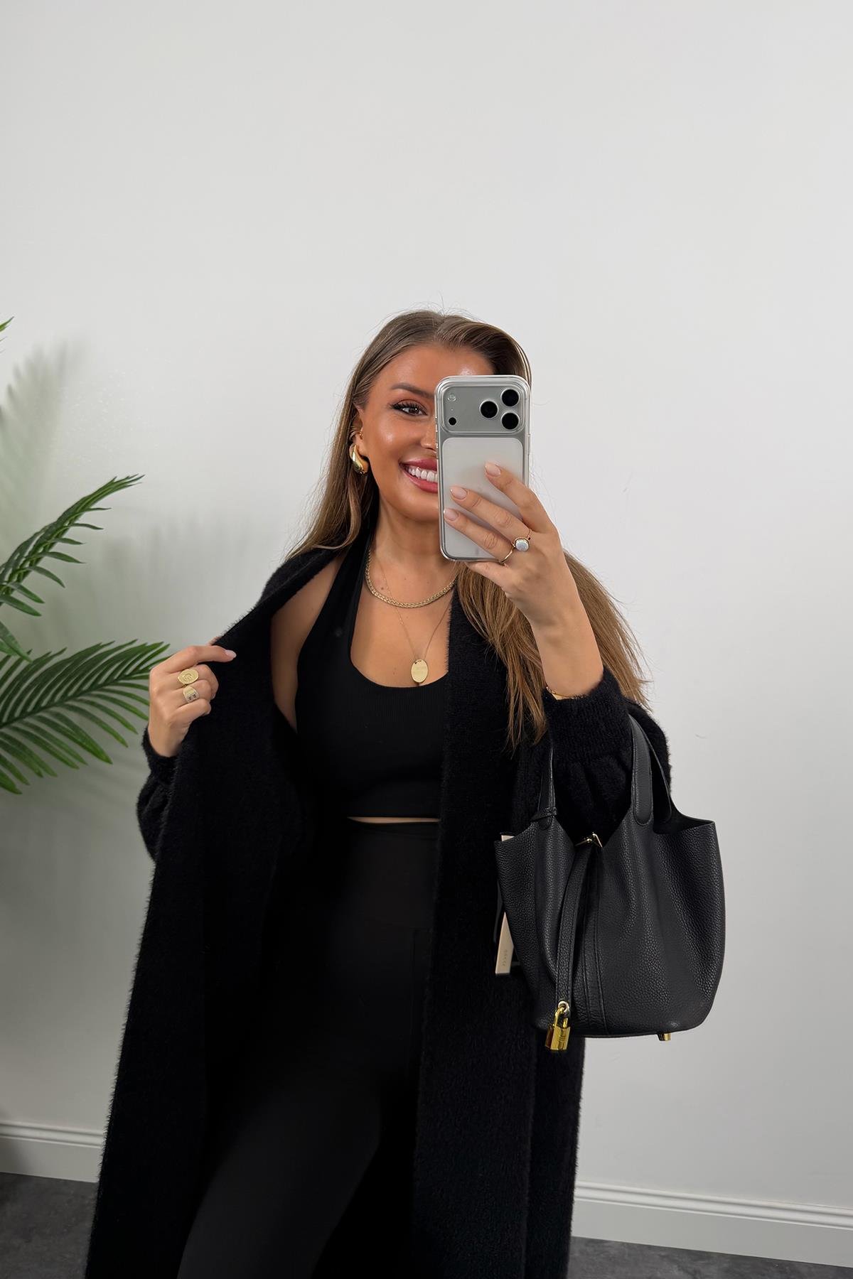 Lüx Kalite Kaşmir Dokulu Maxi Yumoş Hırka Siyah