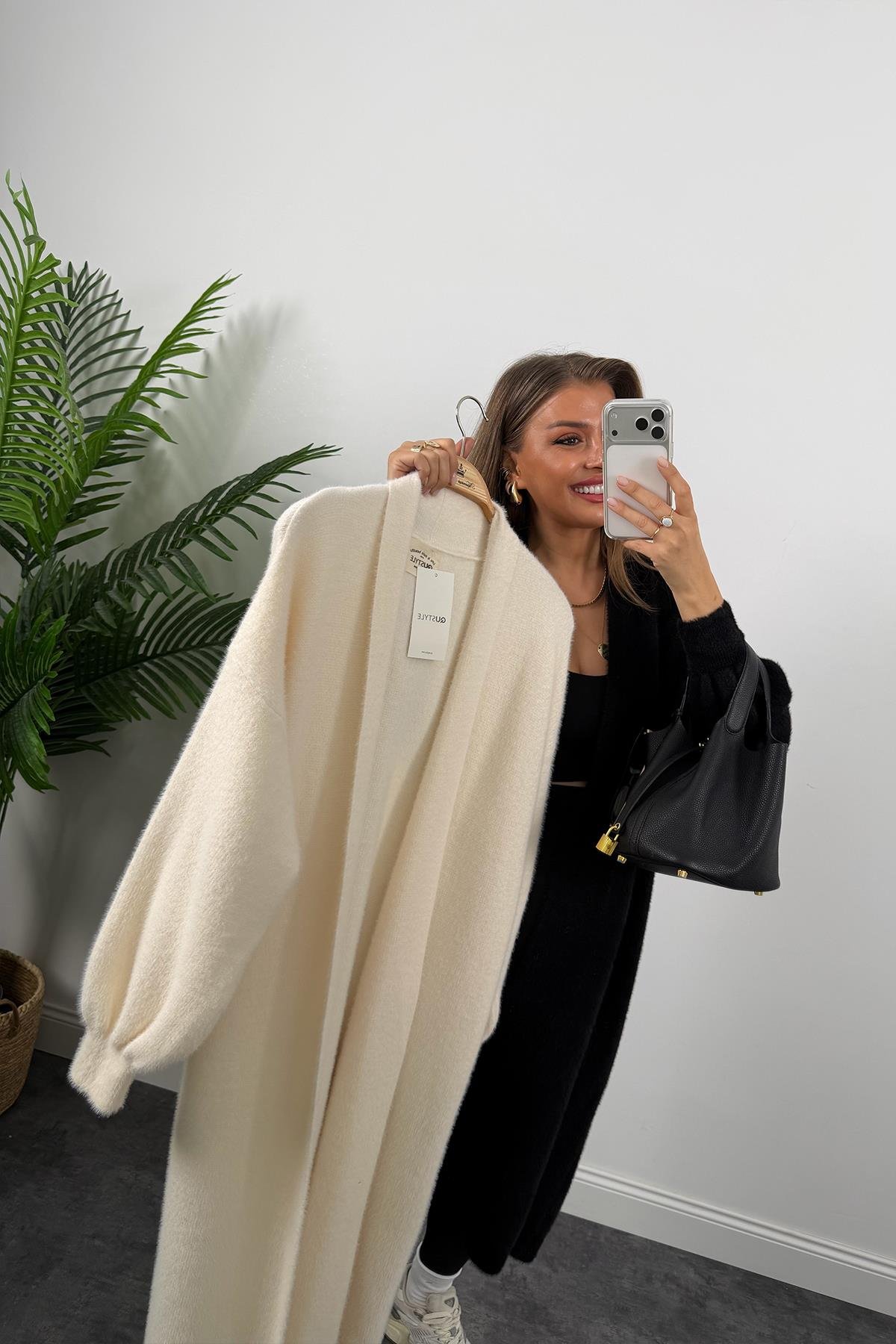 Lüx Kalite Kaşmir Dokulu Maxi Yumoş Hırka Siyah