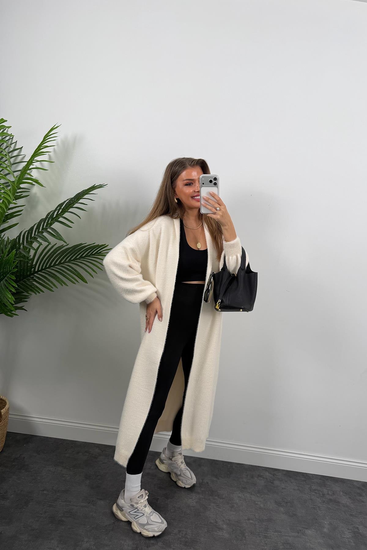 Lüx Kalite Kaşmir Dokulu Maxi Yumoş Hırka Krem