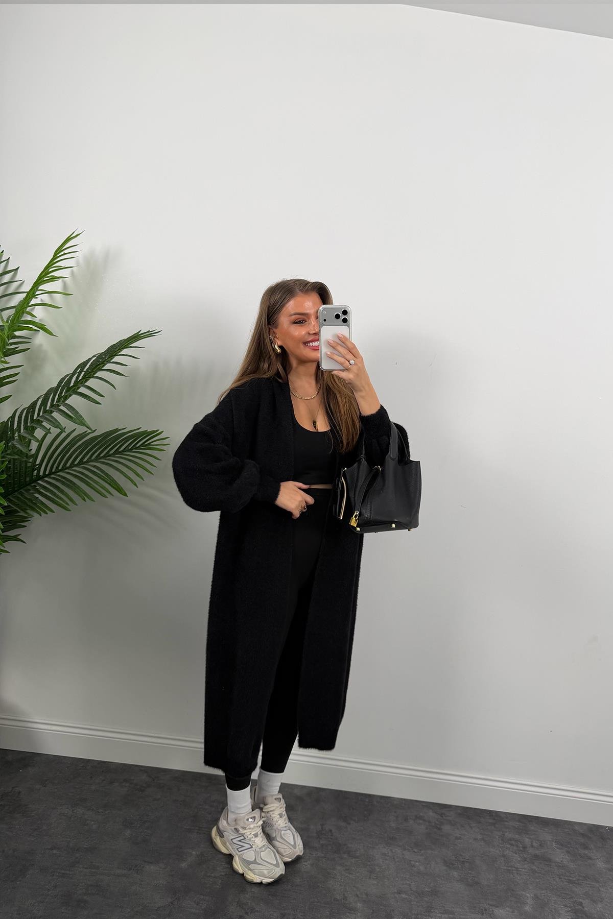 Lüx Kalite Kaşmir Dokulu Maxi Yumoş Hırka Siyah