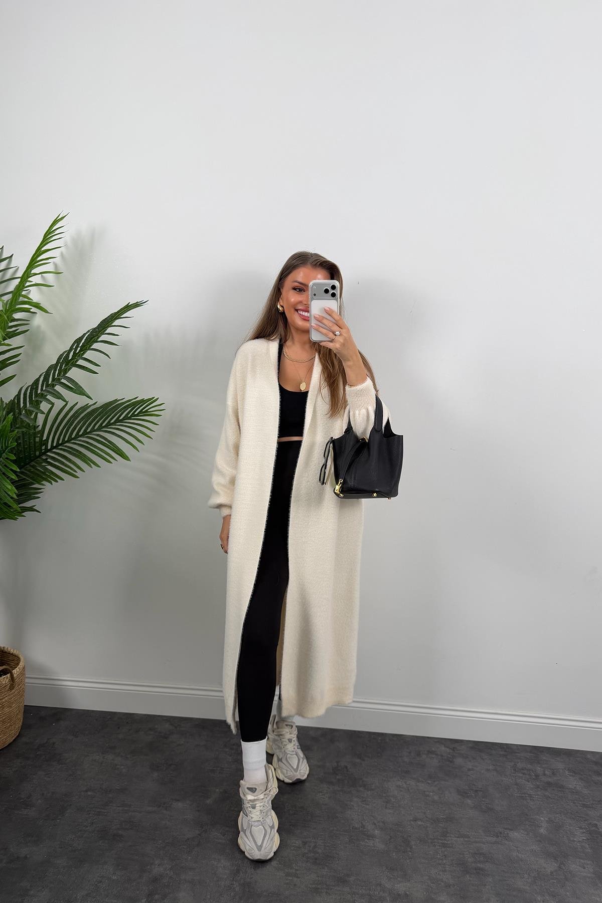 Lüx Kalite Kaşmir Dokulu Maxi Yumoş Hırka Krem