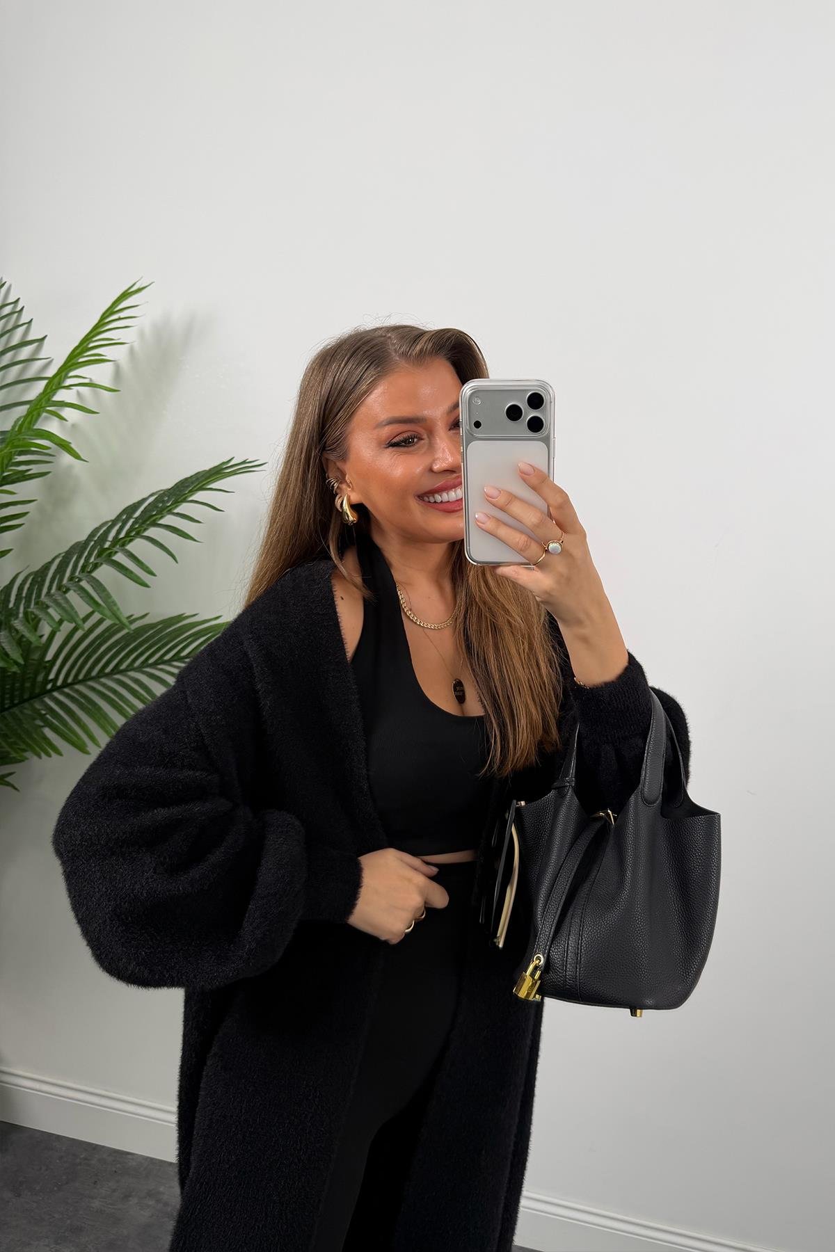 Lüx Kalite Kaşmir Dokulu Maxi Yumoş Hırka Siyah