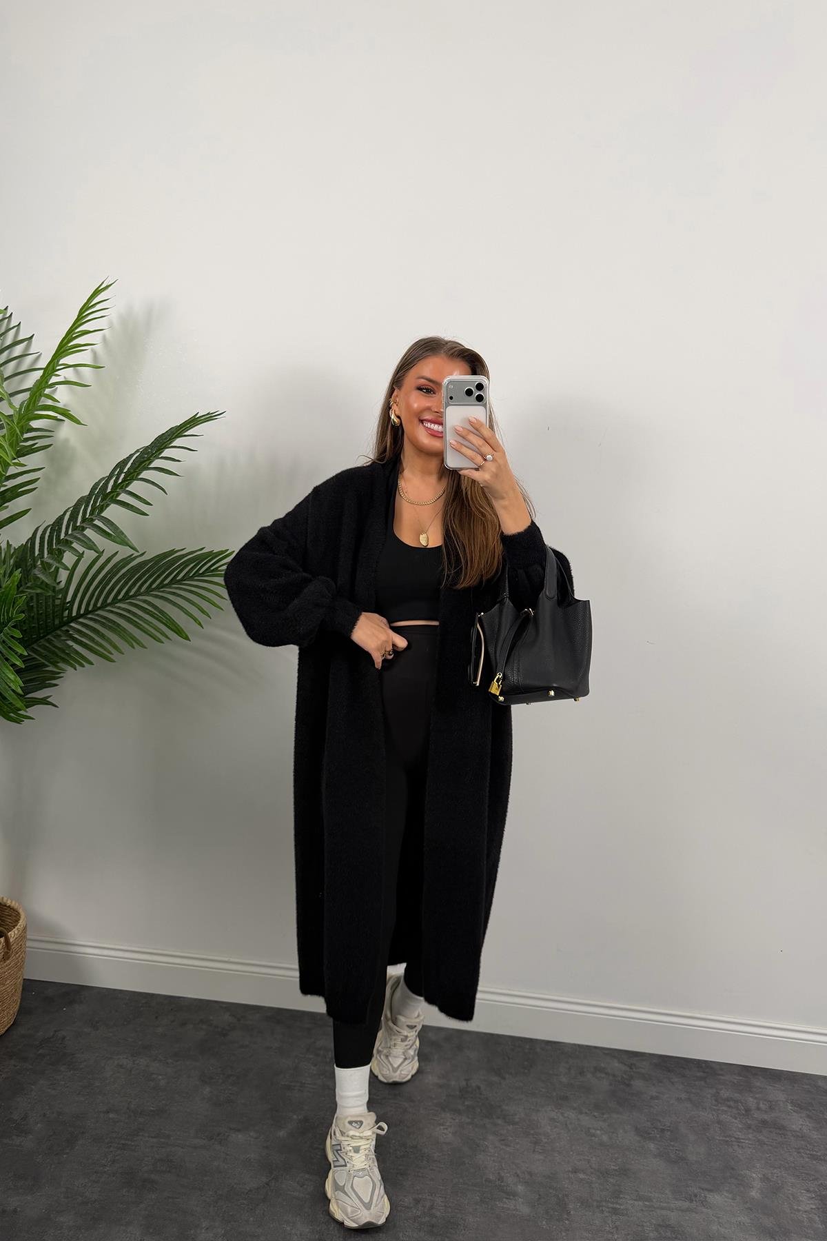 Lüx Kalite Kaşmir Dokulu Maxi Yumoş Hırka Siyah